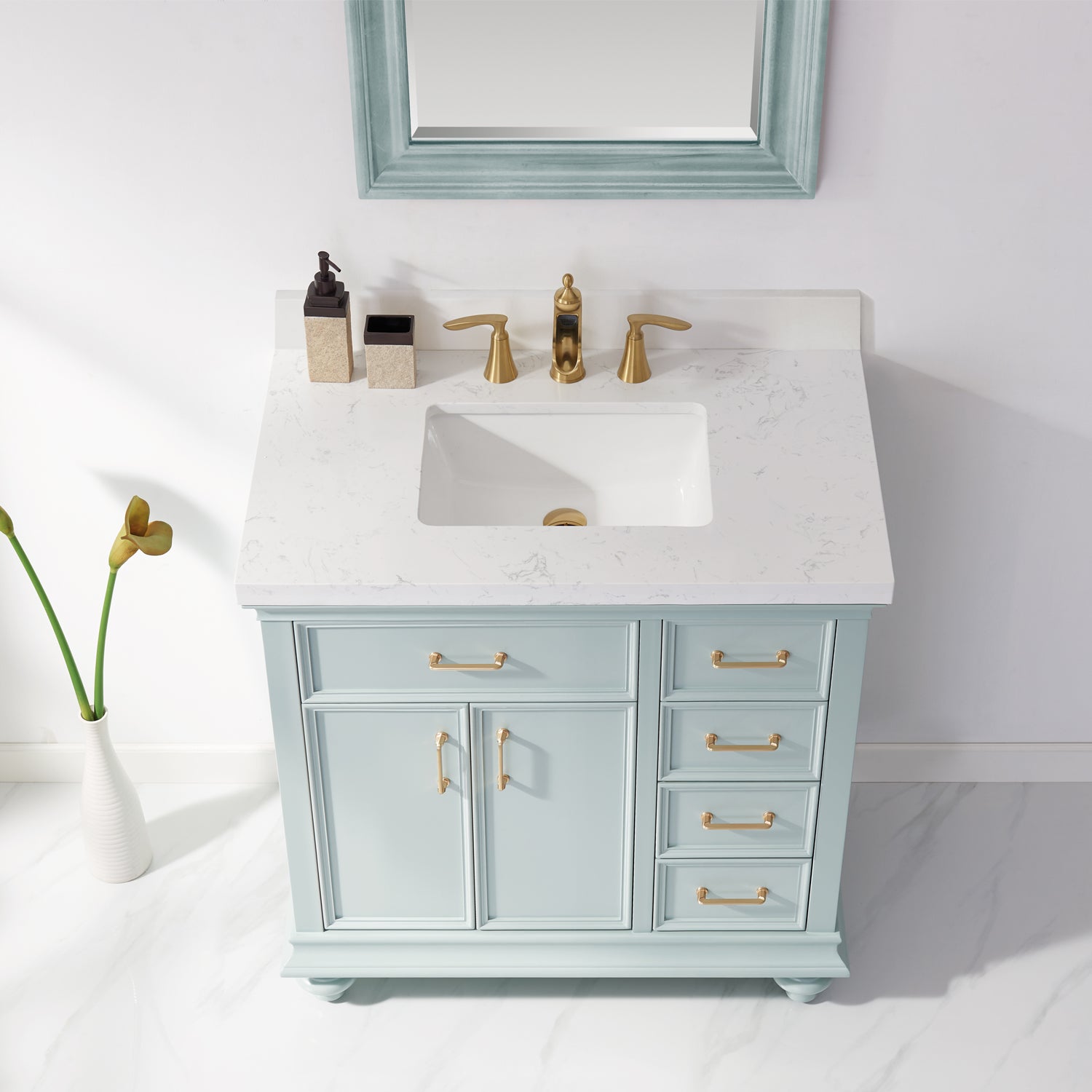 Vinnova Charlotte 36" Bathroom Vanity Set in Green w/ Carrara White Composite Stone Countertop | 735036-FG-CQS