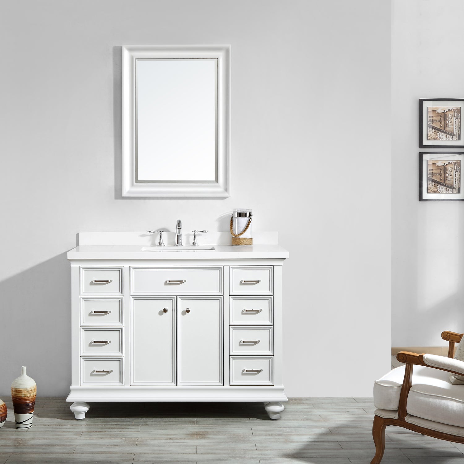 Vinnova Charlotte 48" Bathroom Vanity Set in White w/ Carrara Quartz Stone Top | 735048-WH-CQS