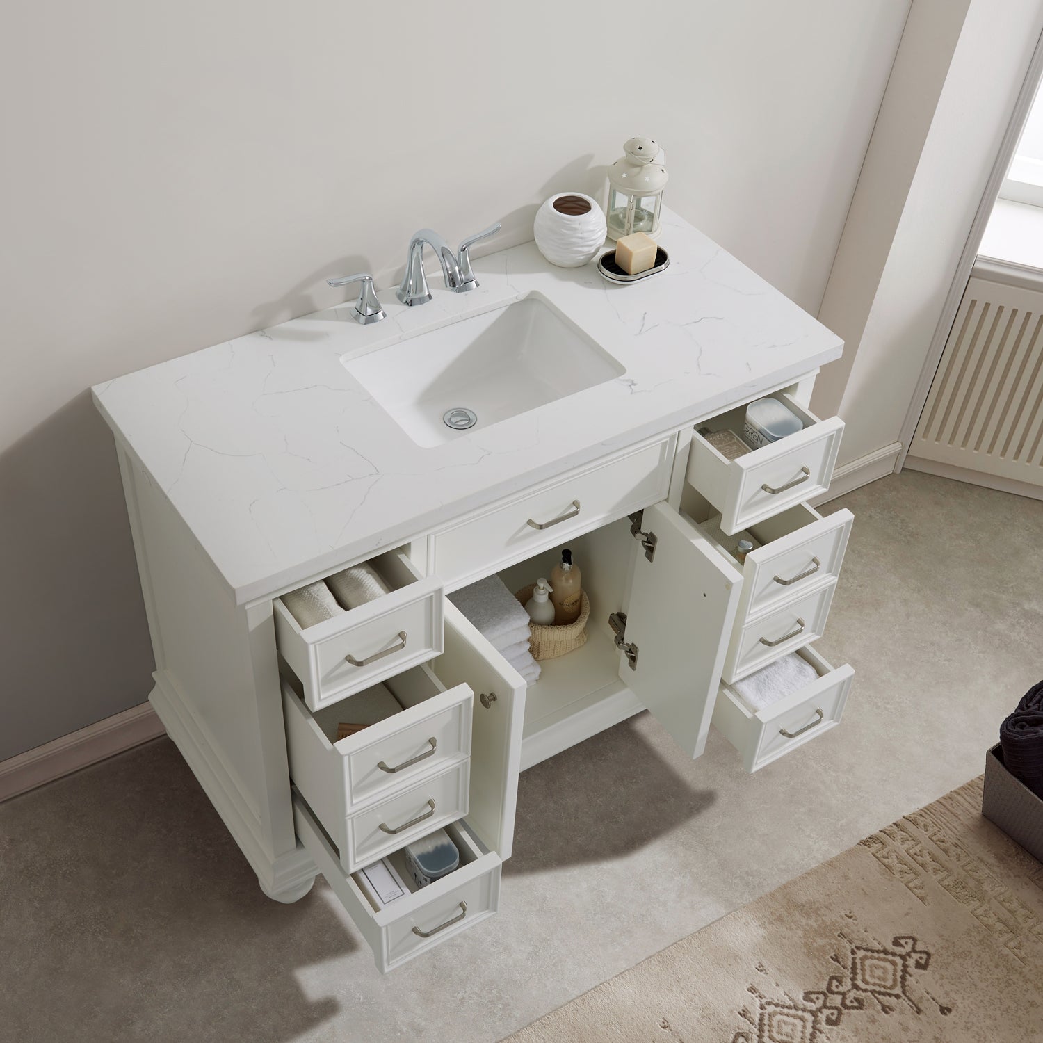 Vinnova Charlotte 48" Bathroom Vanity Set in White w/ Carrara Quartz Stone Top | 735048-WH-CQS
