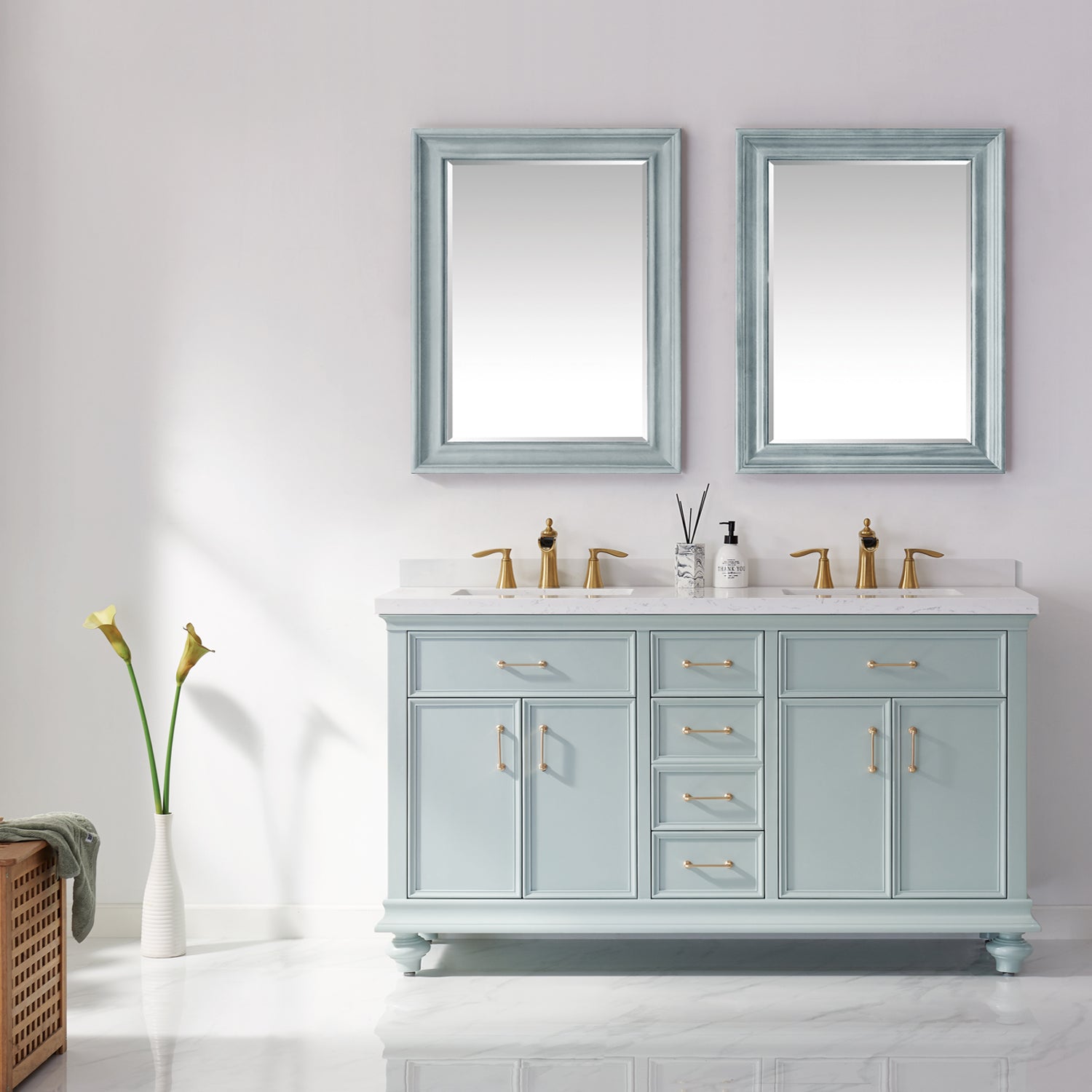 Vinnova Charlotte 60" Bathroom Vanity Set in Green w/ Carrara White Composite Stone Countertop | 735060-FG-CQS