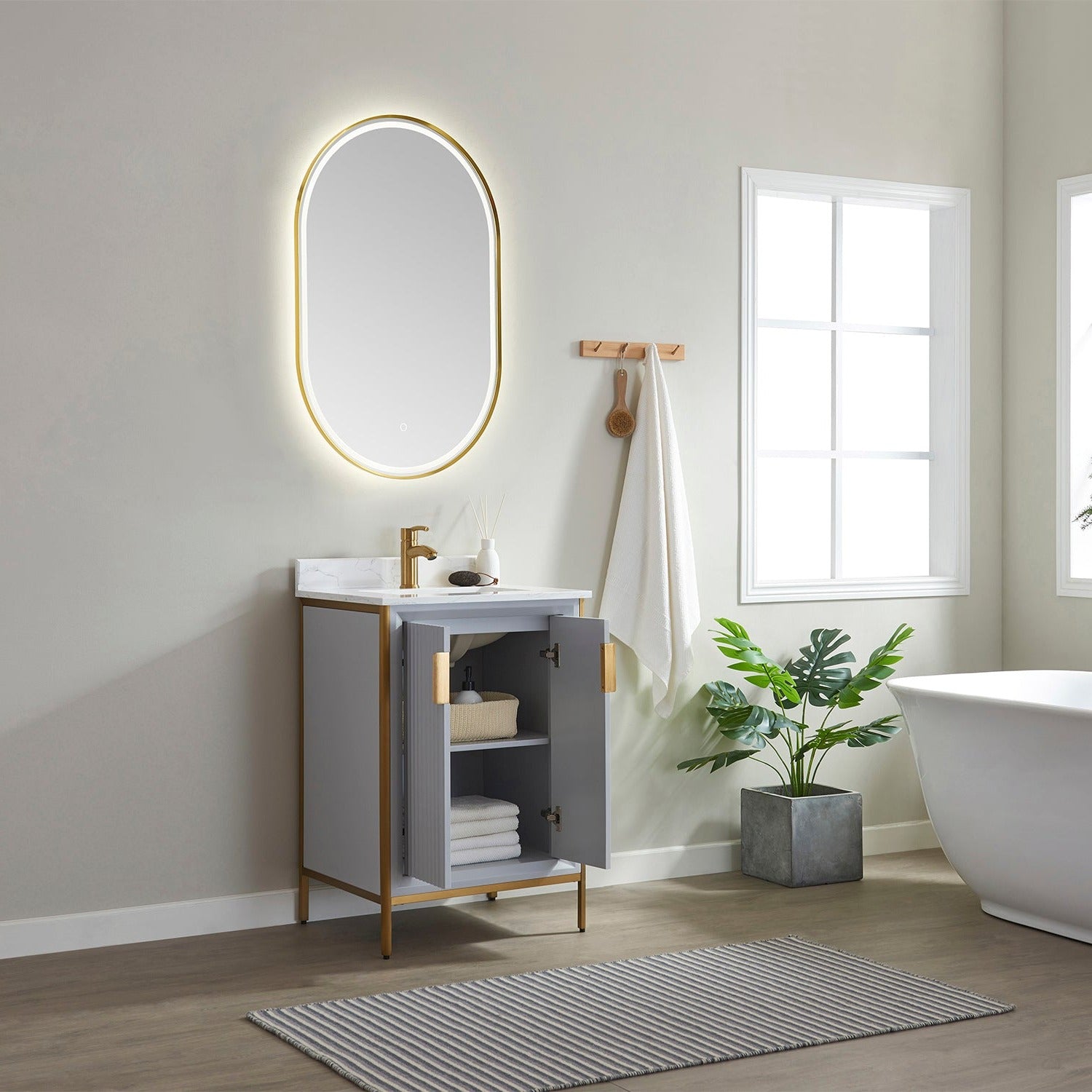 Vinnova Granada 24" Bathroom Vanity Set in Grey w/ White Composite Grain Stone Countertop | 736024-PG-GW