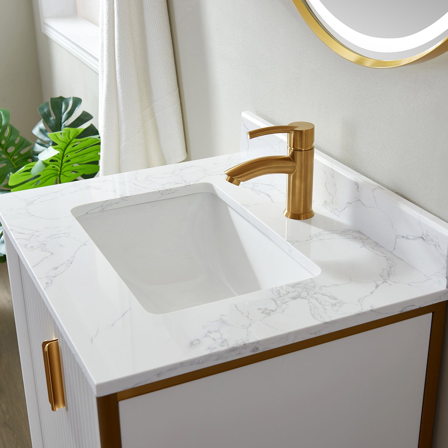 Vinnova Granada 24" Bathroom Vanity Set in White w/ White Composite Grain Stone Countertop | 736024-WH-GW