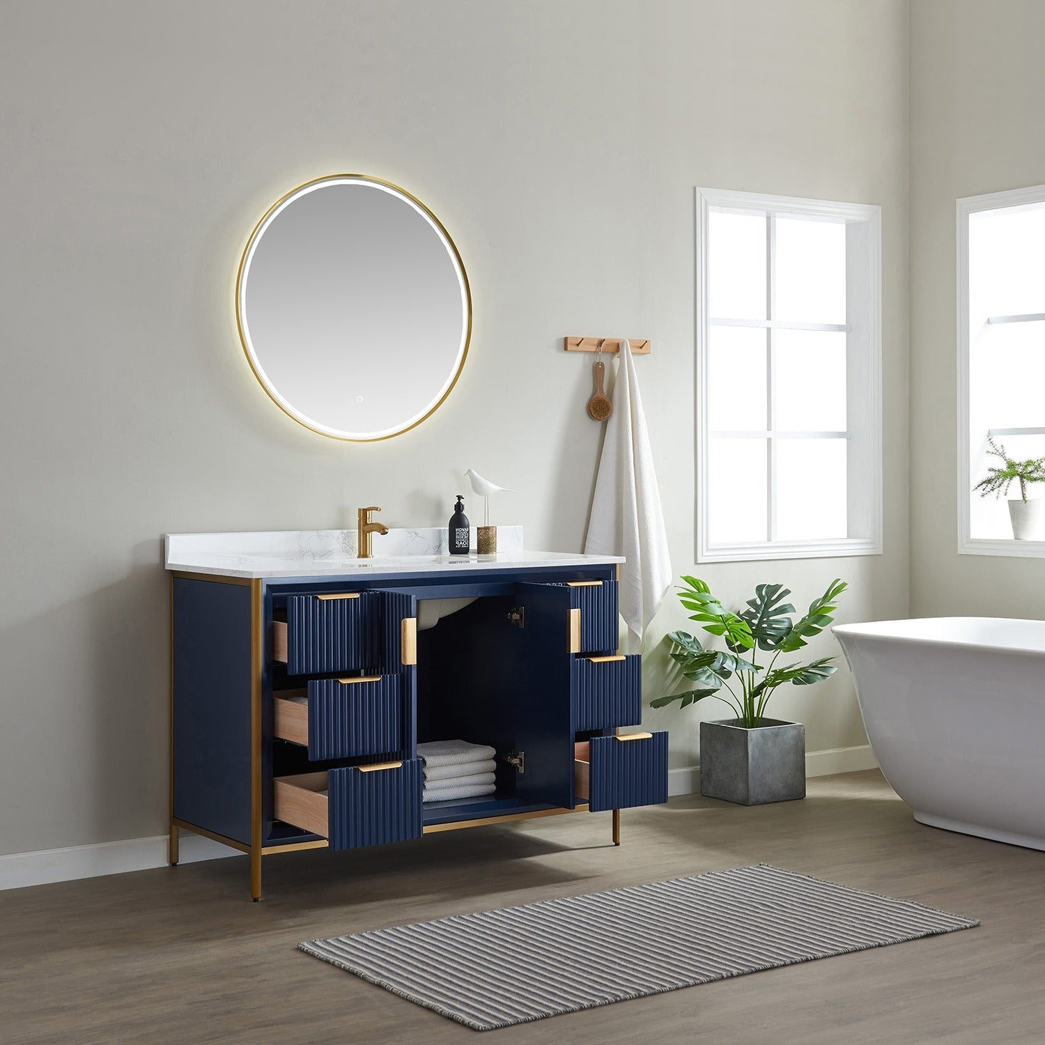 Vinnova Granada 48" Bathroom Vanity Set in Blue w/ White Composite Grain Stone Countertop | 736048-RB-GW