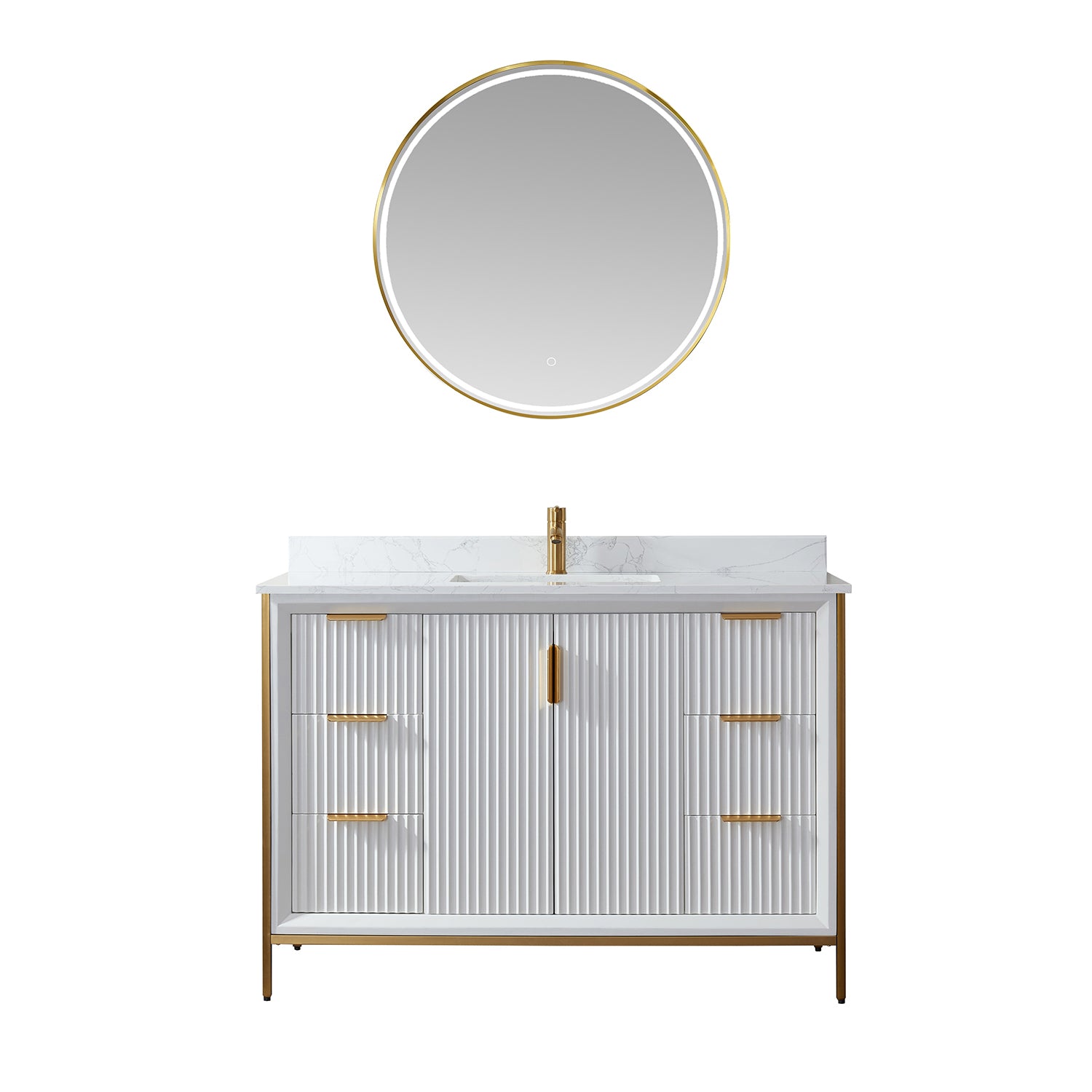 Vinnova Granada 48" Bathroom Vanity Set in White w/ White Composite Grain Stone Countertop | 736048-WH-GW