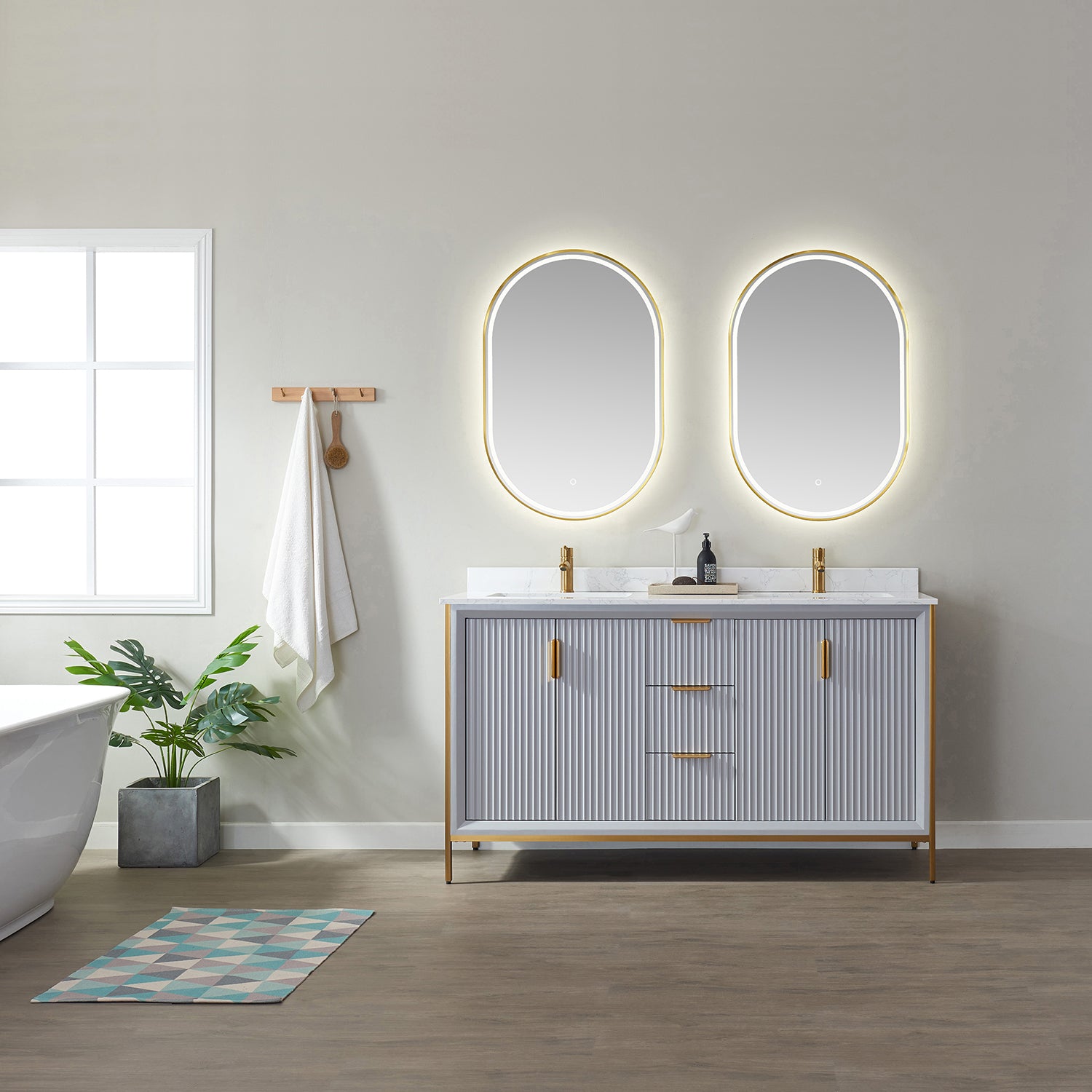 Vinnova Granada 60" Bathroom Vanity Set in Grey w/ White Composite Grain Stone Countertop | 736060-PG-GW