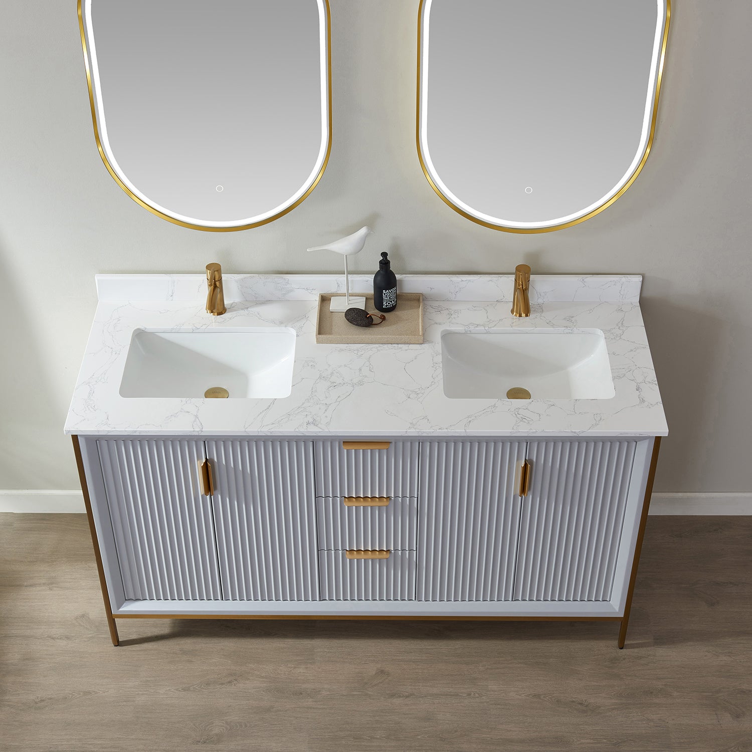 Vinnova Granada 60" Bathroom Vanity Set in Grey w/ White Composite Grain Stone Countertop | 736060-PG-GW