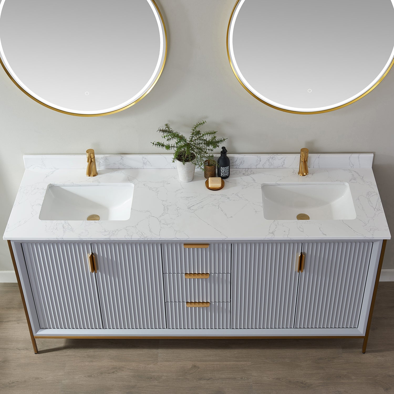Vinnova Granada 72" Bathroom Vanity Set in Grey w/ White Composite Grain Stone Countertop | 736072-PG-GW