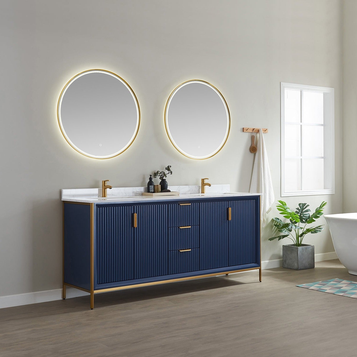 Vinnova Granada 72" Bathroom Vanity Set in Blue w/ White Composite Grain Stone Countertop | 736072-RB-GW