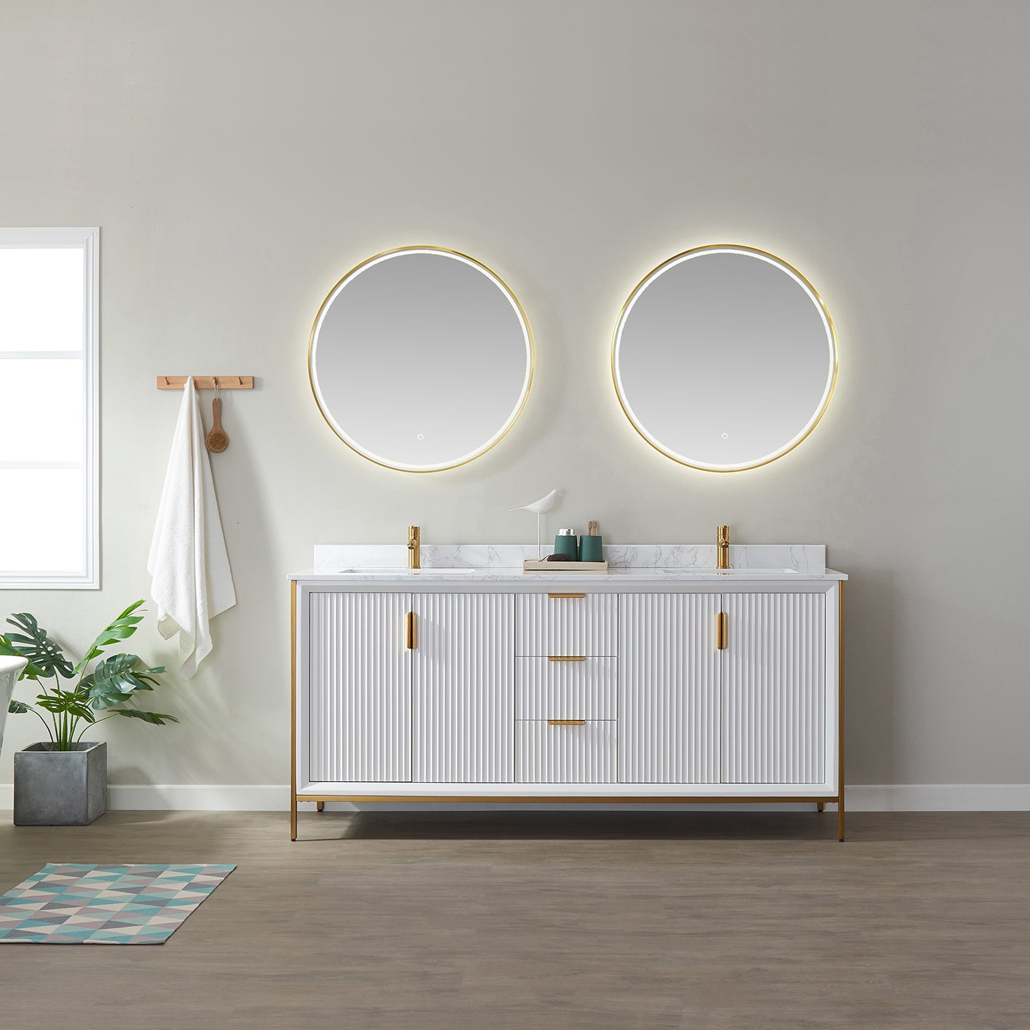 Vinnova Granada 72" Bathroom Vanity Set in White w/ White Composite Grain Stone Countertop | 736072-WH-GW