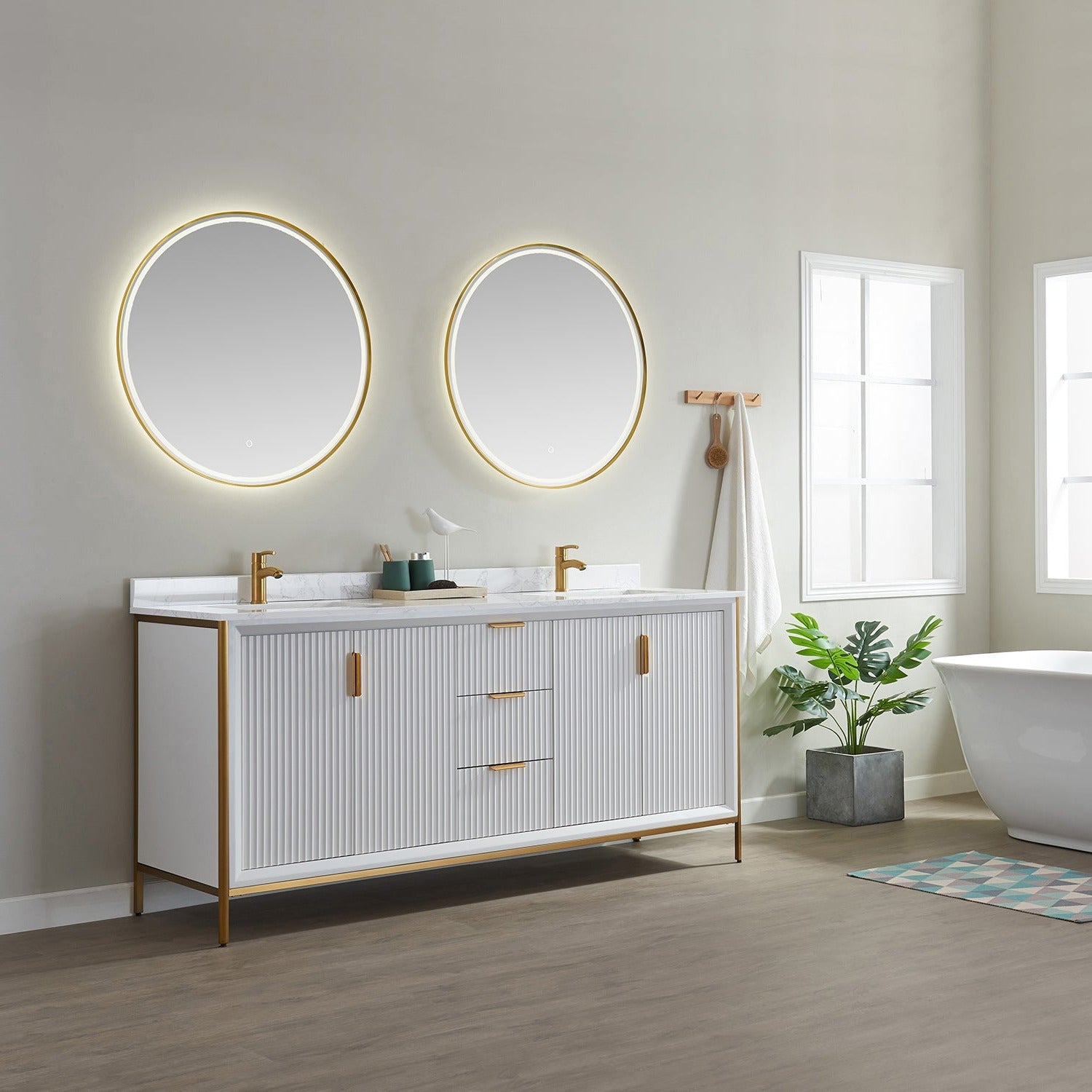 Vinnova Granada 72" Bathroom Vanity Set in White w/ White Composite Grain Stone Countertop | 736072-WH-GW