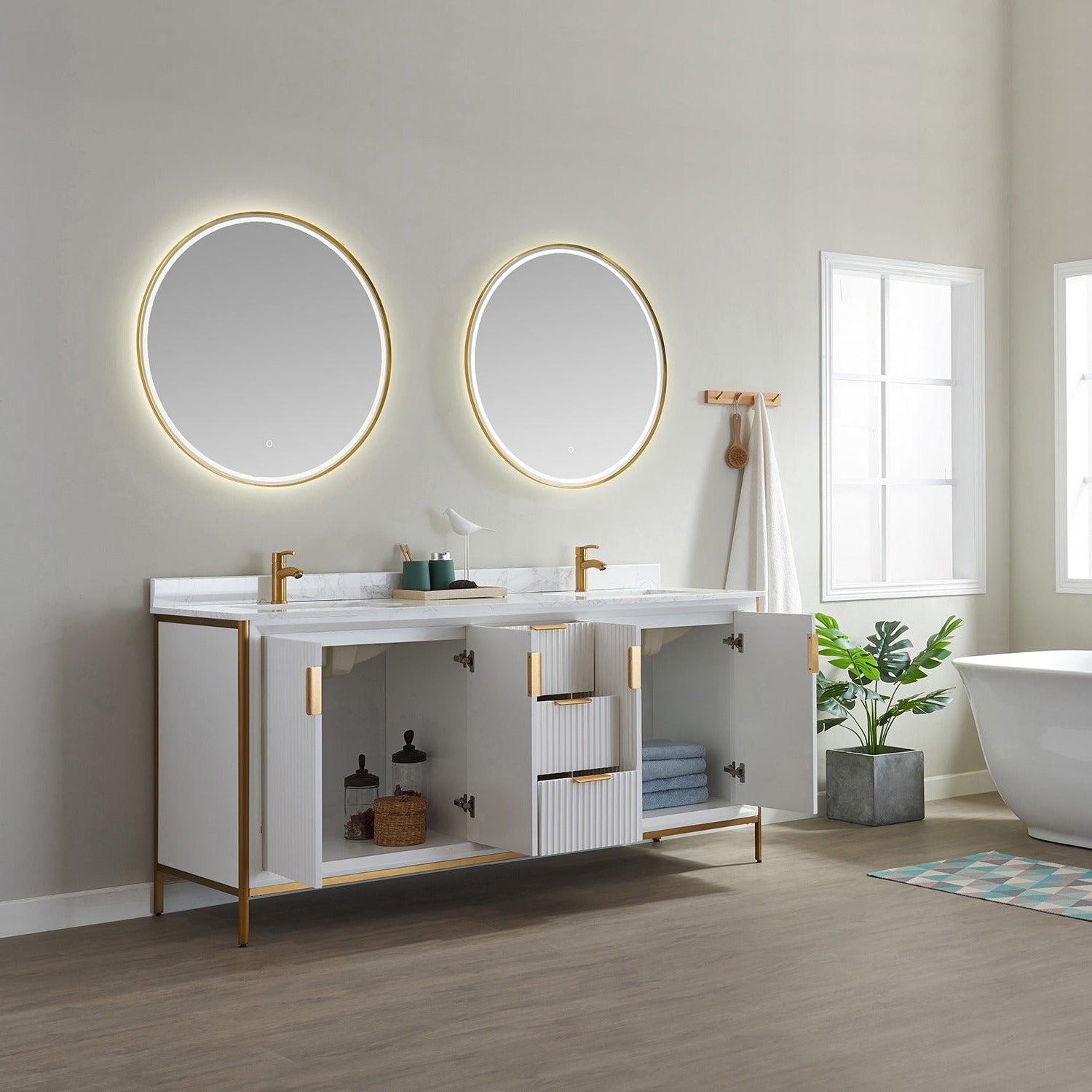 Vinnova Granada 72" Bathroom Vanity Set in White w/ White Composite Grain Stone Countertop | 736072-WH-GW