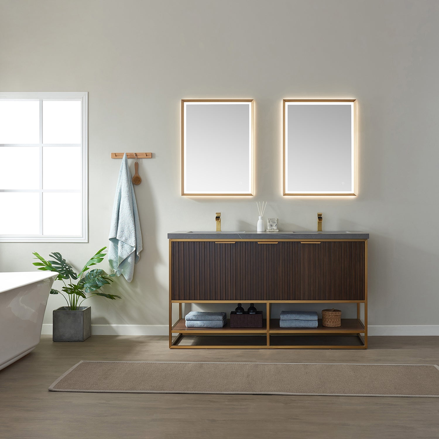 Vinnova Donostia 60" Bathroom Vanity Set in Walnut w/ Grey Composite Armani Limestone Board Stone Countertop | 737060-NLW-ALB