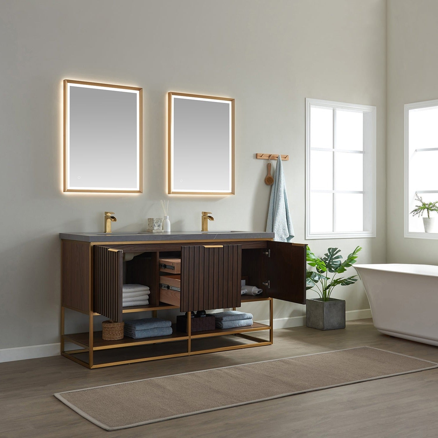 Vinnova Donostia 60" Bathroom Vanity Set in Walnut w/ Grey Composite Armani Limestone Board Stone Countertop | 737060-NLW-ALB