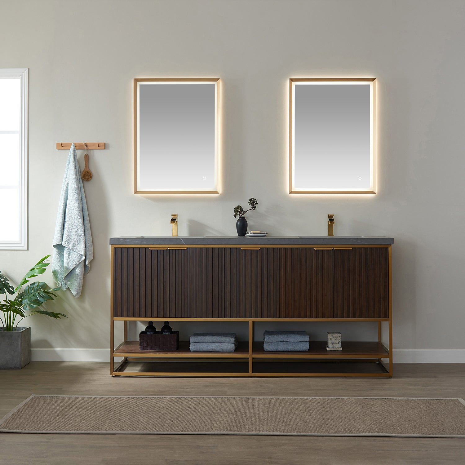 Vinnova Donostia 72" Bathroom Vanity Set in Walnut w/ Grey Composite Armani Limestone Board Stone Countertop | 737072-NLW-ALB