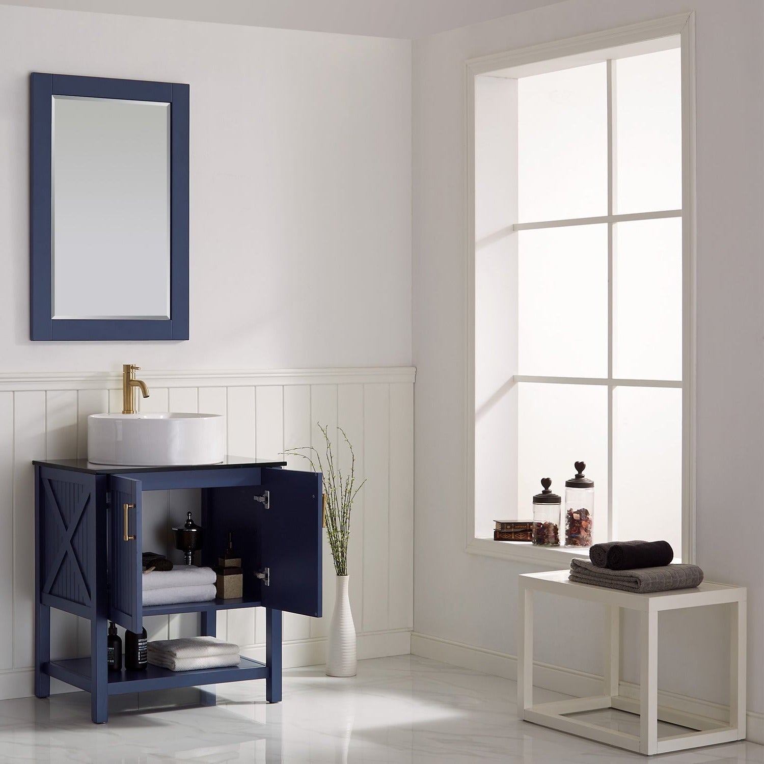 Vinnova Modena 28” Bathroom Vanity Set in Royal Blue w/ Glass Countertop w/ White Vessel Sink | 756028-RB-BG