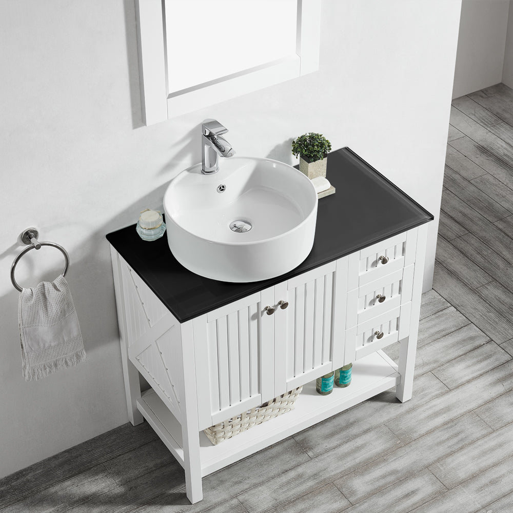 Vinnova Modena 36” Bathroom Vanity Set in White w/ Glass Countertop w/ White Vessel Sink | 756036-WH-BG