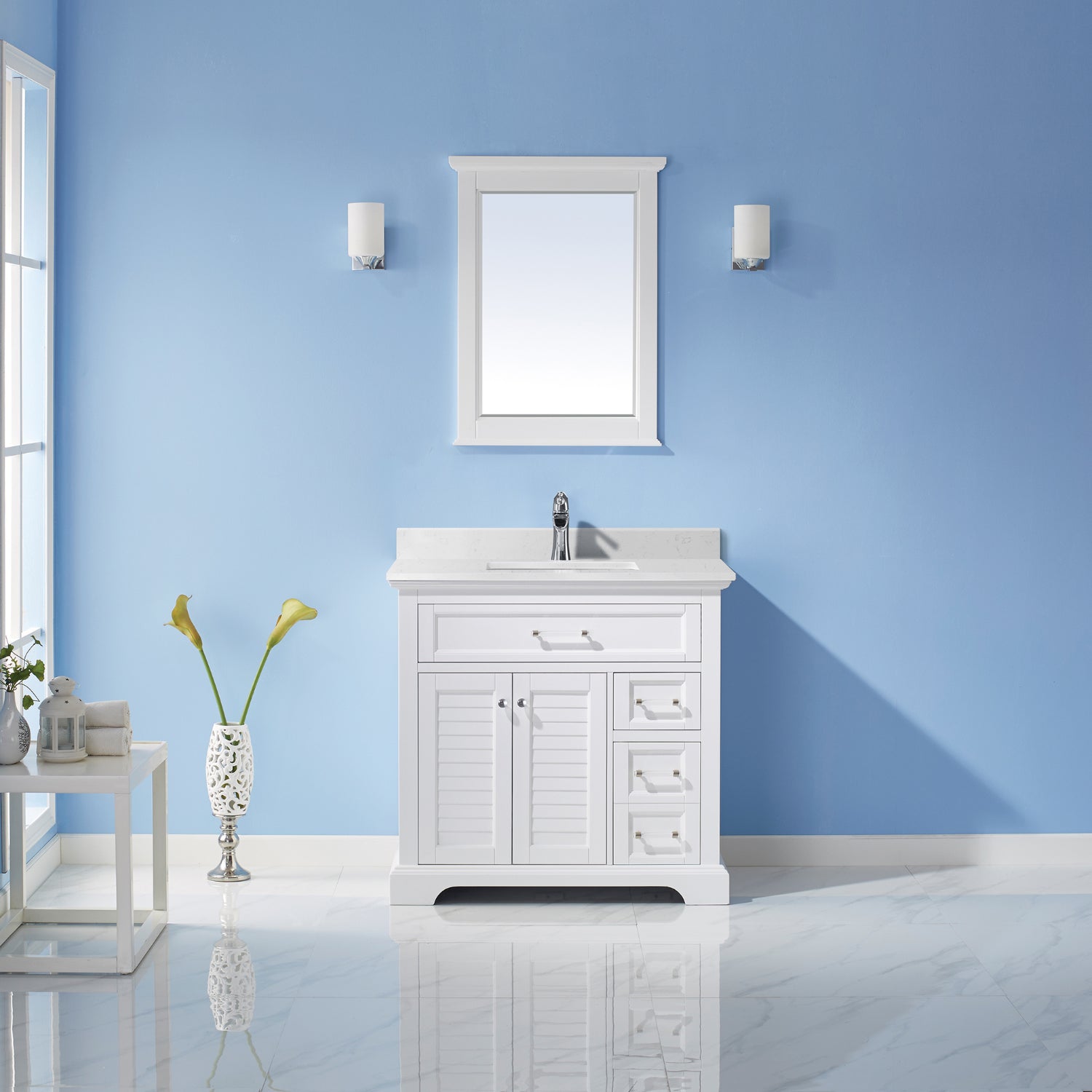 Vinnova Lorna 36" Bathroom Vanity Set in White & Composite Carrara White Stone Countertop | 783036-WH-WS