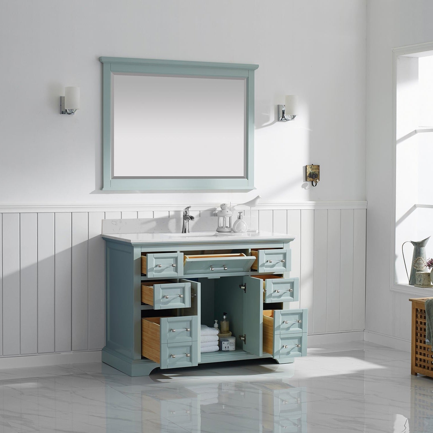 Vinnova Lorna 48" Bathroom Vanity Set in Green & Composite Carrara White Stone Countertop | 783048-FG-WS