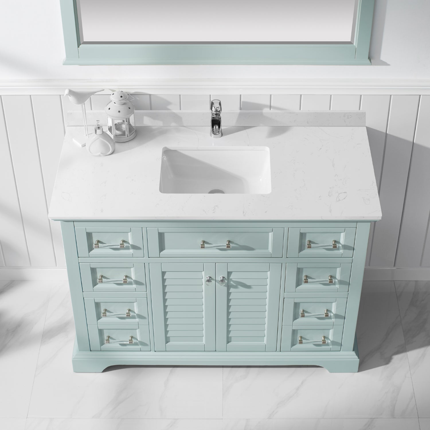 Vinnova Lorna 48" Bathroom Vanity Set in Green & Composite Carrara White Stone Countertop | 783048-FG-WS