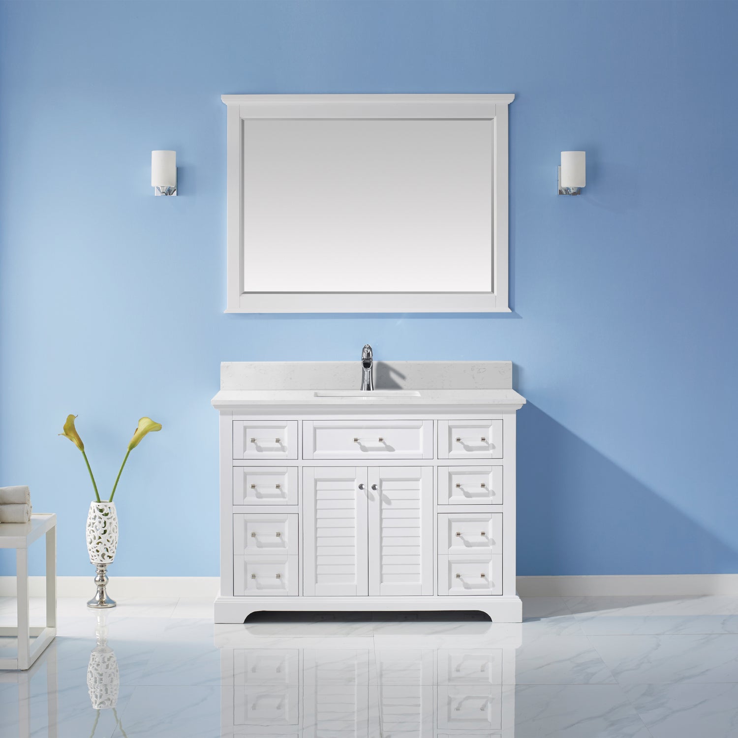 Vinnova Lorna 48" Bathroom Vanity Set in White & Composite Carrara White Stone Countertop | 783048-WH-WS