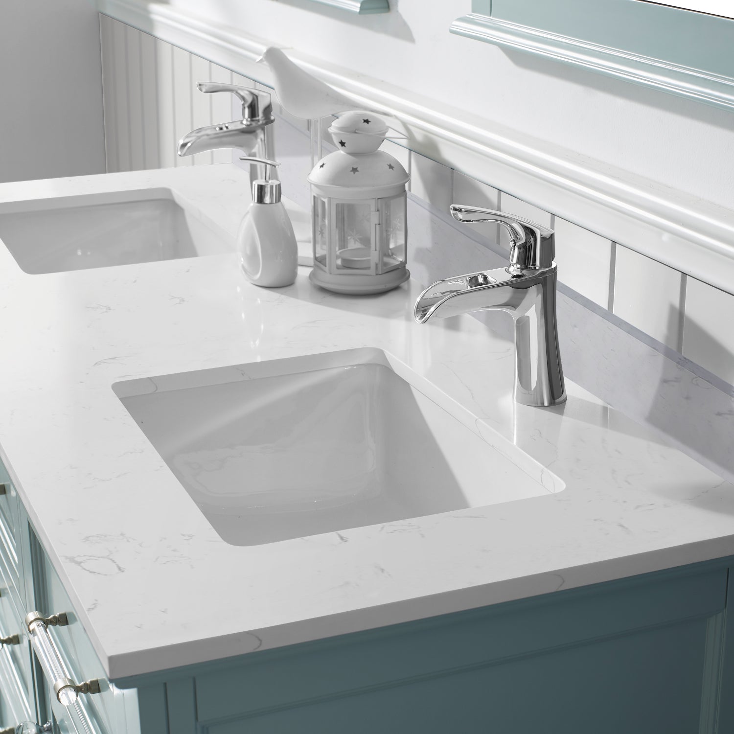 Vinnova Lorna 60" Bathroom Double Vanity Set in Green & Composite Carrara White Stone Countertop | 783060-FG-WS
