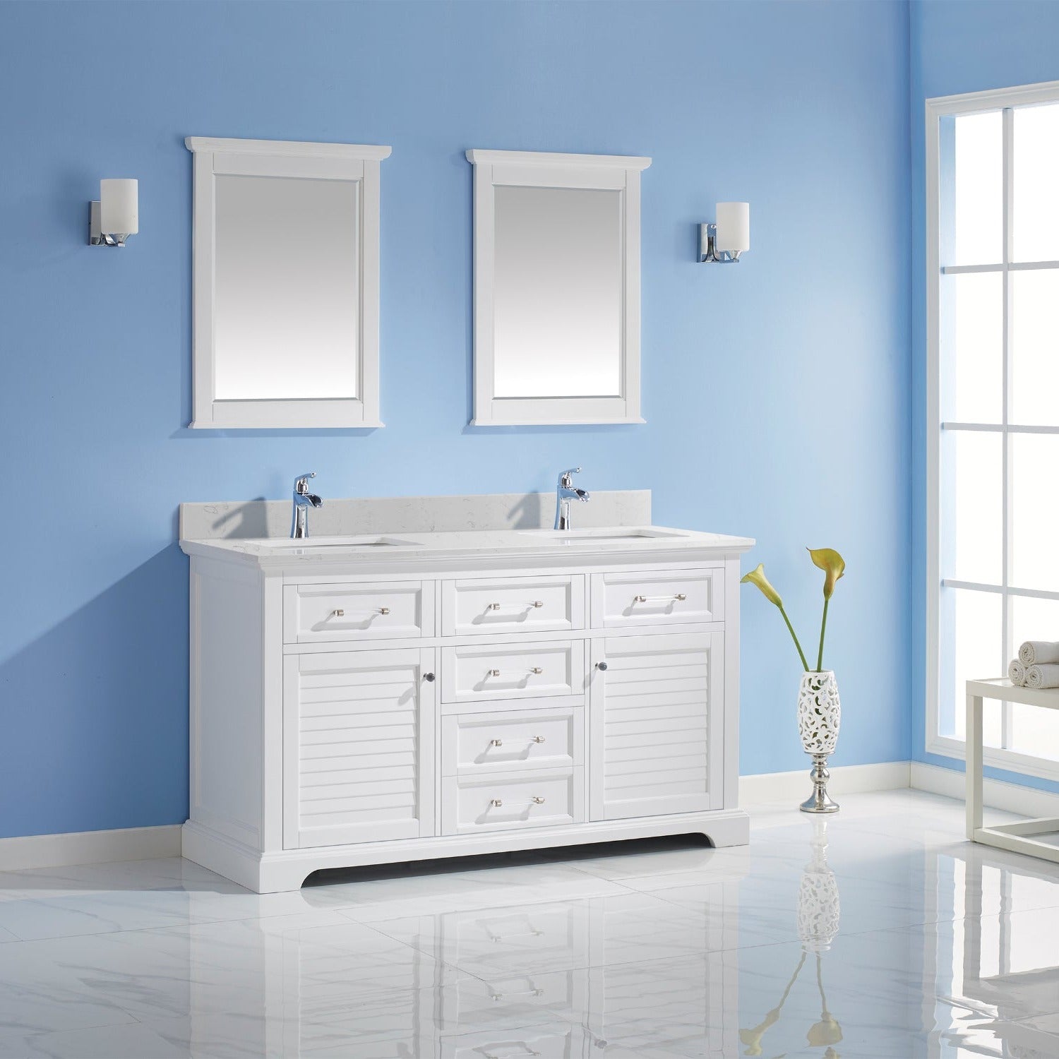 Vinnova Lorna 60" Bathroom Double Vanity Set in Green & Composite Carrara White Stone Countertop | 783060-WH-WS