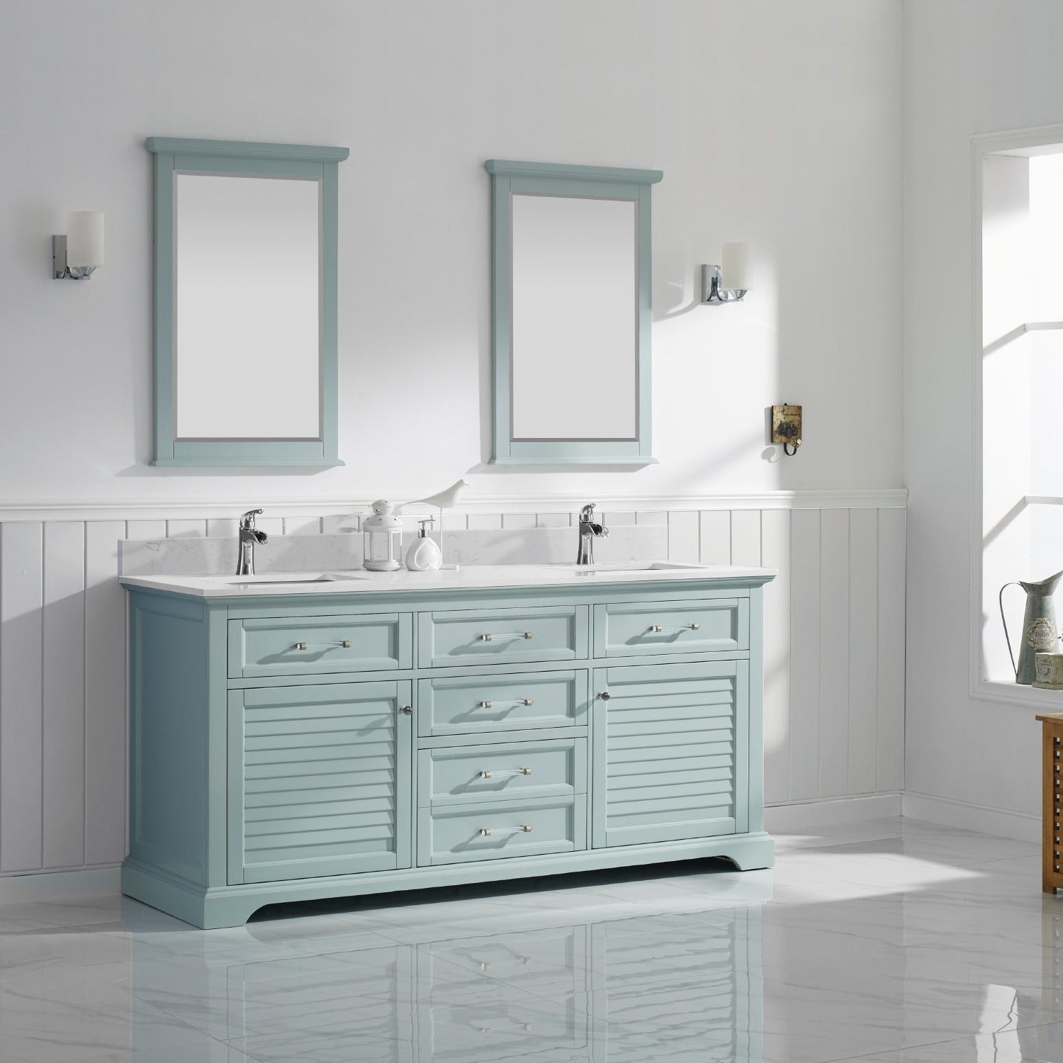 Vinnova Lorna 72" Bathroom Double Vanity Set in Green & Composite Carrara White Stone Countertop | 783072-FG-WS