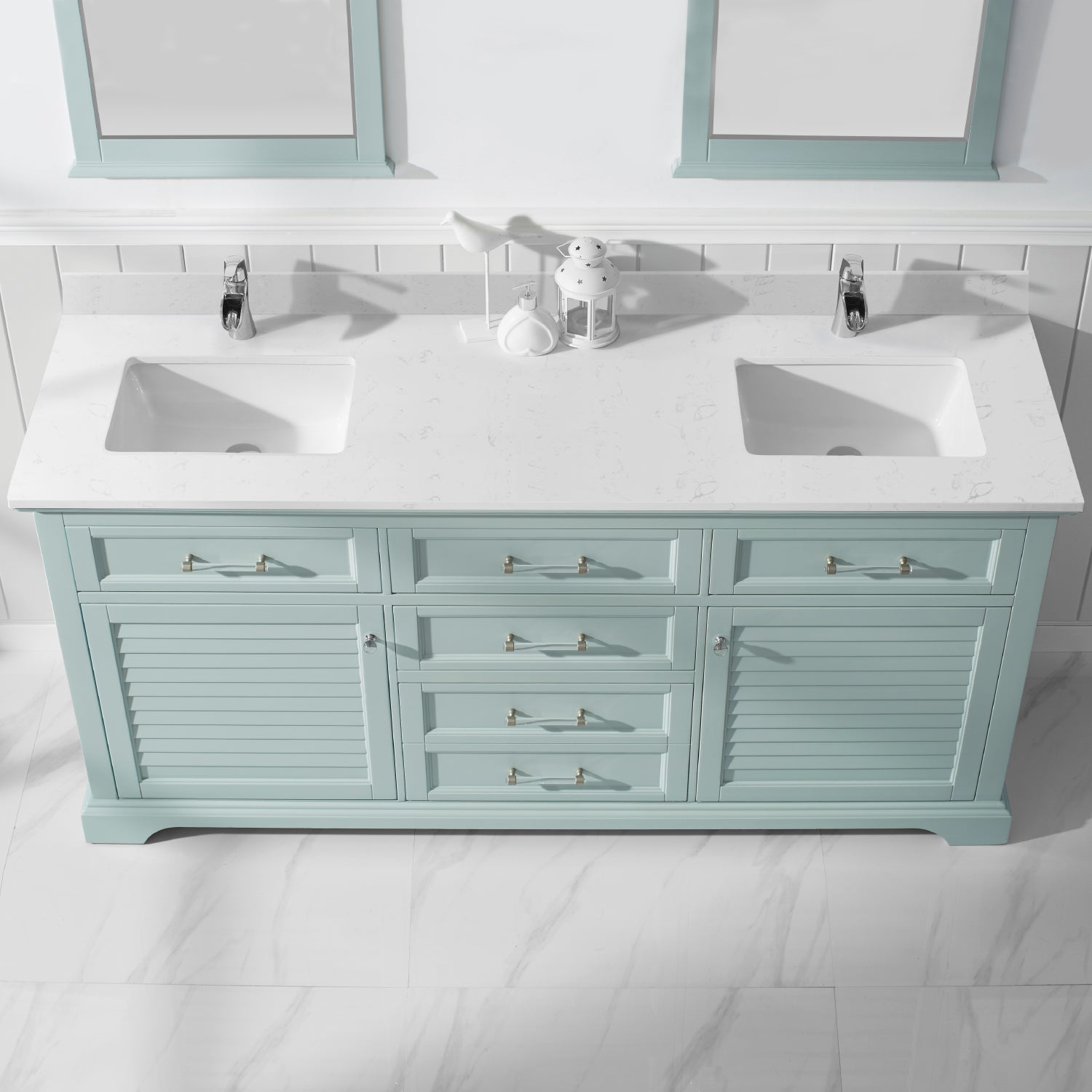 Vinnova Lorna 72" Bathroom Double Vanity Set in Green & Composite Carrara White Stone Countertop | 783072-FG-WS