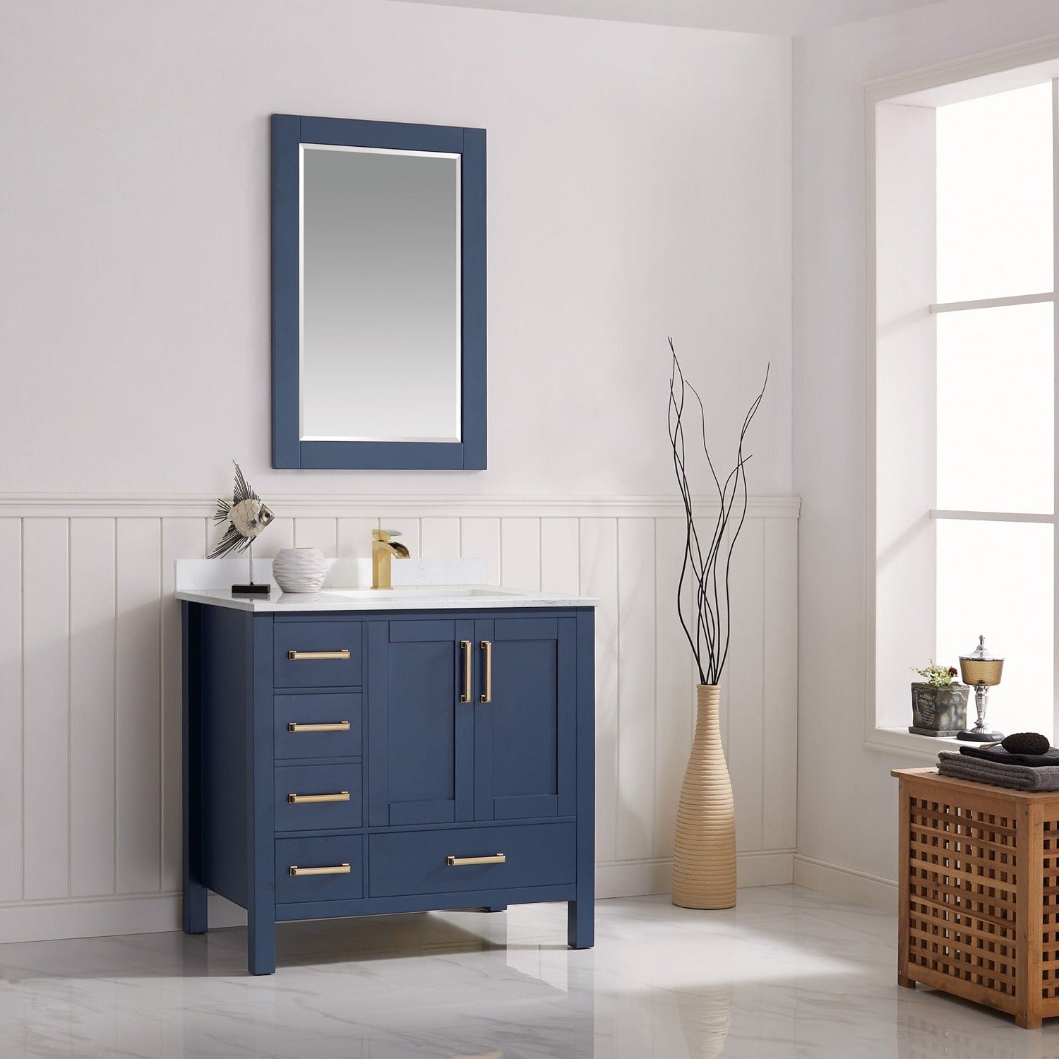 Vinnova Shannon 36" Bathroom Vanity Set in Blue & Composite Carrara White Stone Countertop | 785036-RB-WS