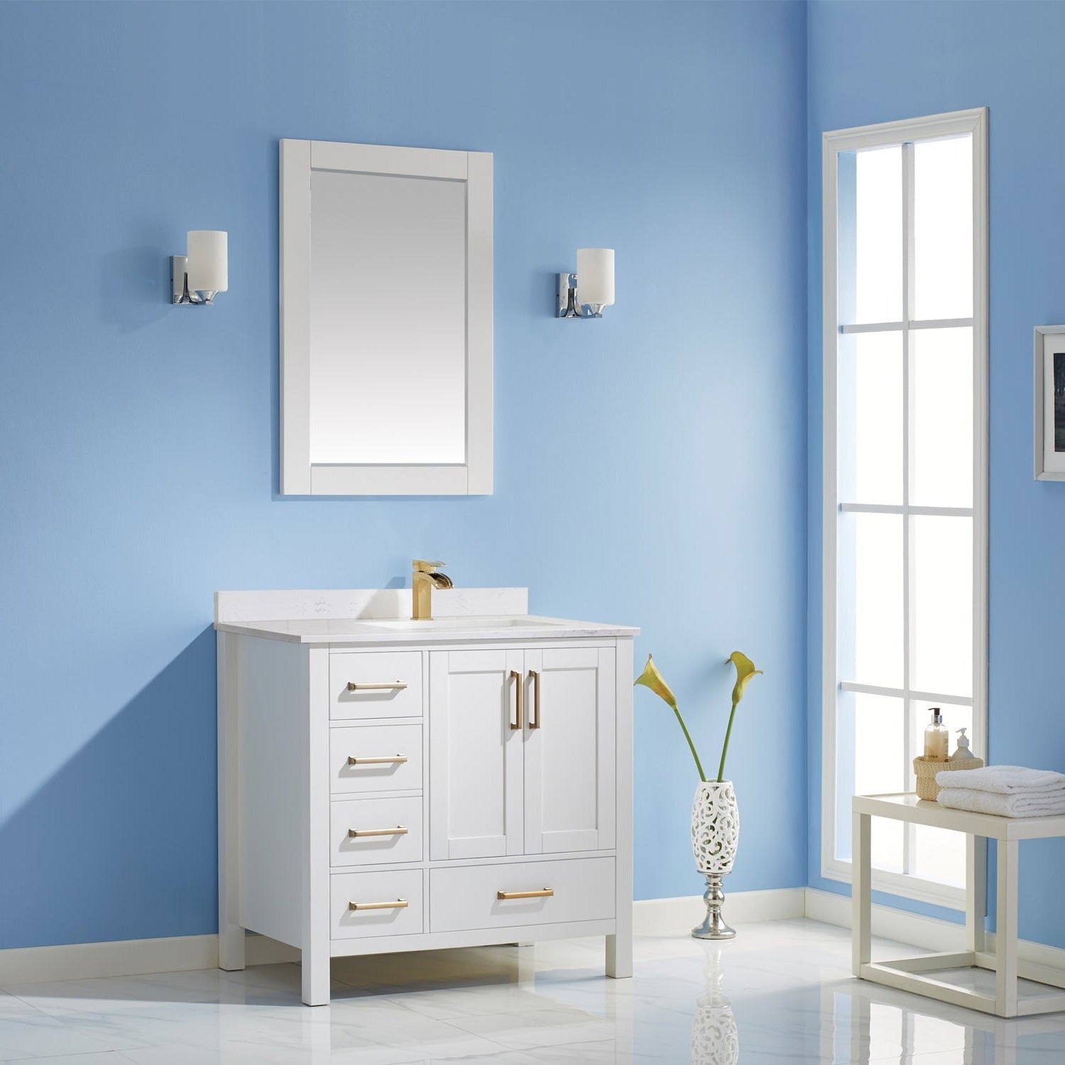 Vinnova Shannon 36" Bathroom Vanity Set in White & Composite Carrara White Stone Countertop | 785036-WH-WS