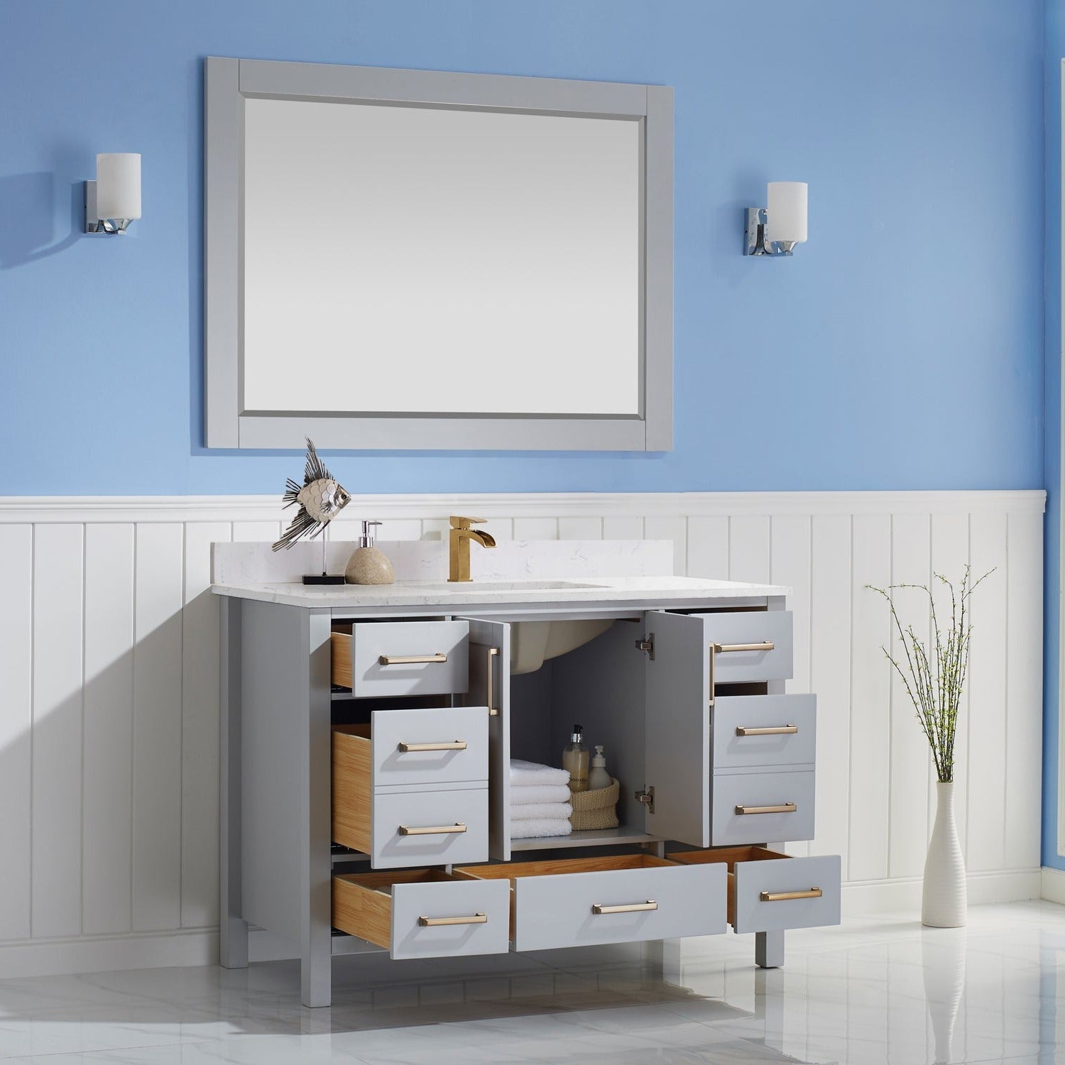 Vinnova Shannon 48" Bathroom Vanity Set in Grey & Composite Carrara White Stone Countertop | 785048-PG-WS