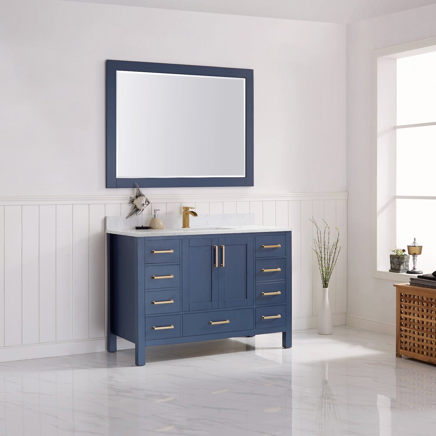 Vinnova Shannon 48" Bathroom Vanity Set in Blue & Composite Carrara White Stone Countertop | 785048-RB-WS