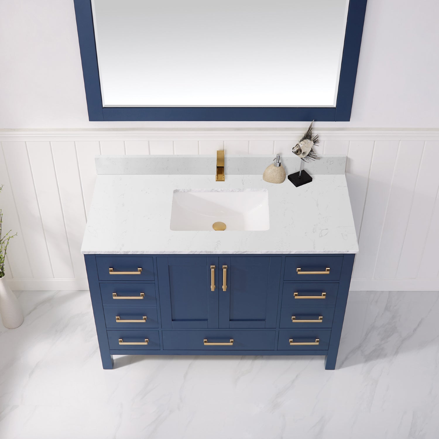 Vinnova Shannon 48" Bathroom Vanity Set in Blue & Composite Carrara White Stone Countertop | 785048-RB-WS