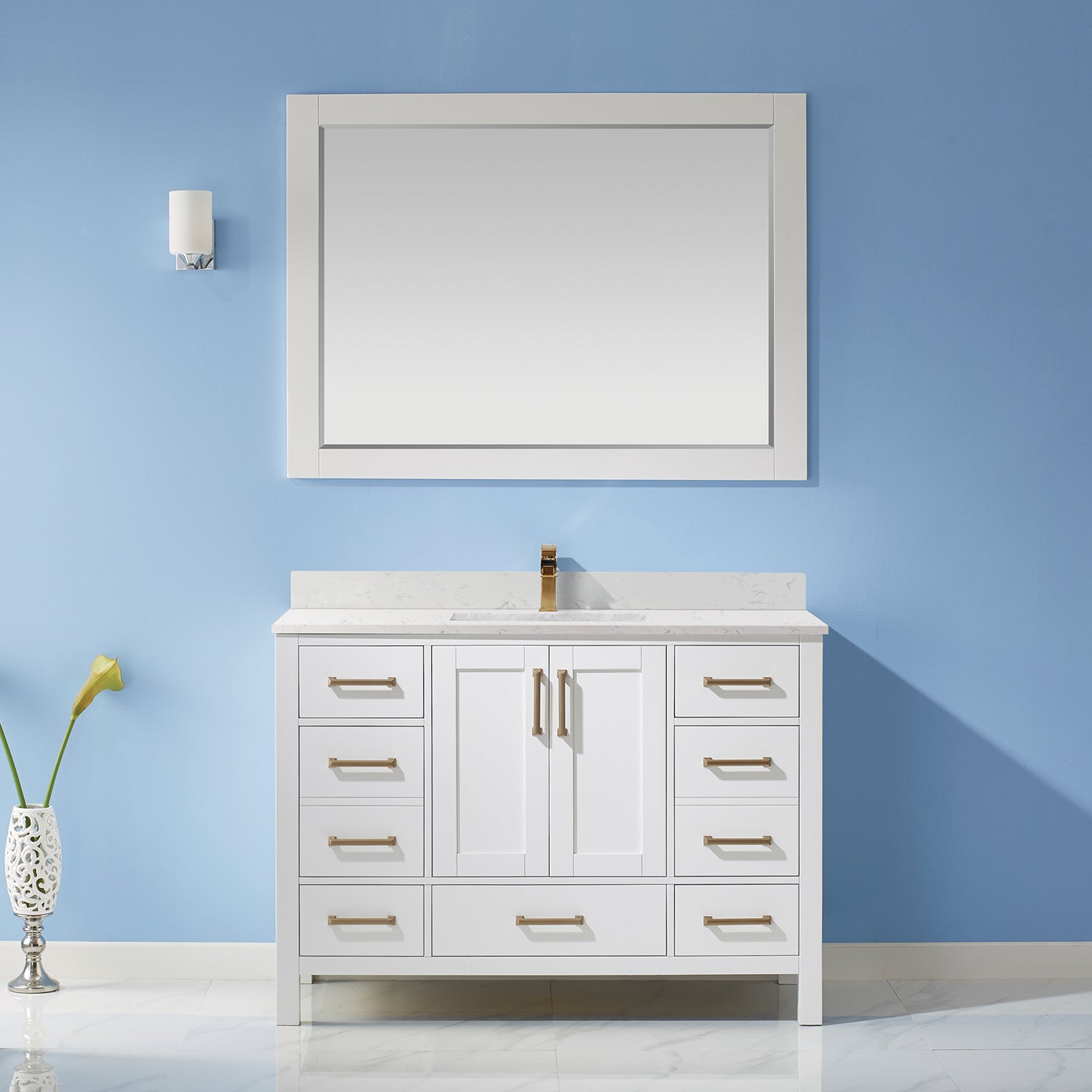 Vinnova Shannon 48" Bathroom Vanity Set in White & Composite Carrara White Stone Countertop | 785048-WH-WS