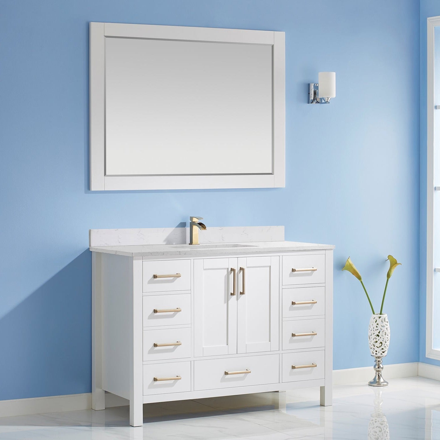 Vinnova Shannon 48" Bathroom Vanity Set in White & Composite Carrara White Stone Countertop | 785048-WH-WS