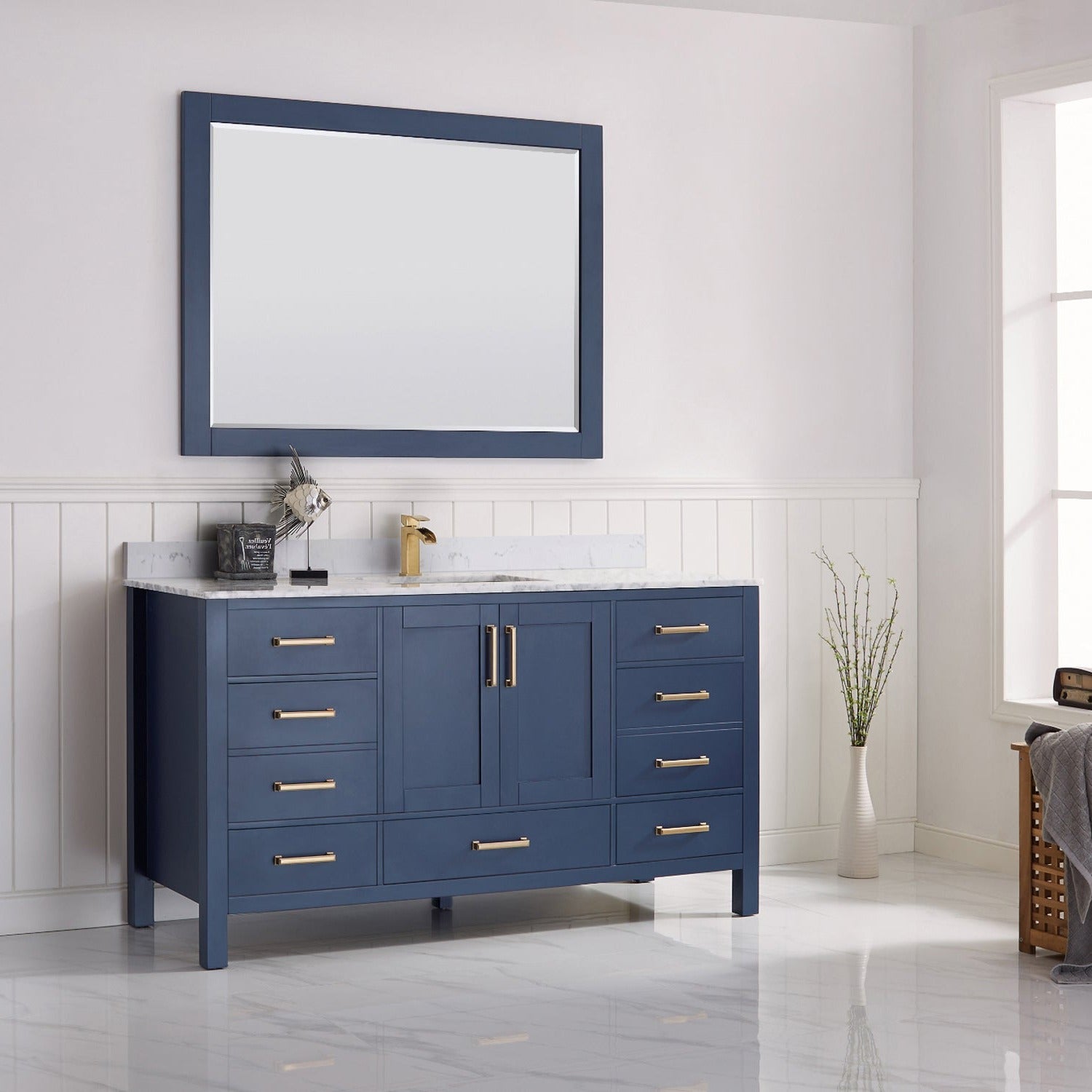 Vinnova Shannon 60" Bathroom Vanity Set in Blue & Composite Carrara White Stone Countertop | 785060-RB-WS