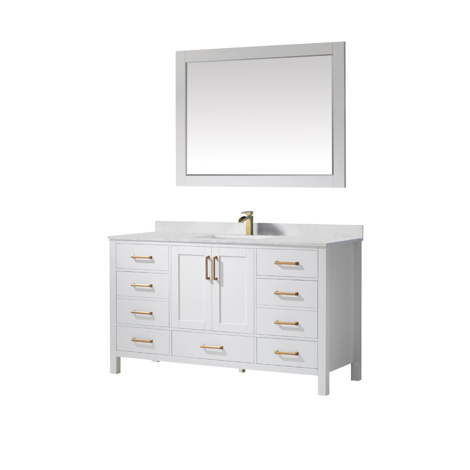 Vinnova Shannon 60" Bathroom Vanity Set in White & Composite Carrara White Stone Countertop | 785060-WH-WS