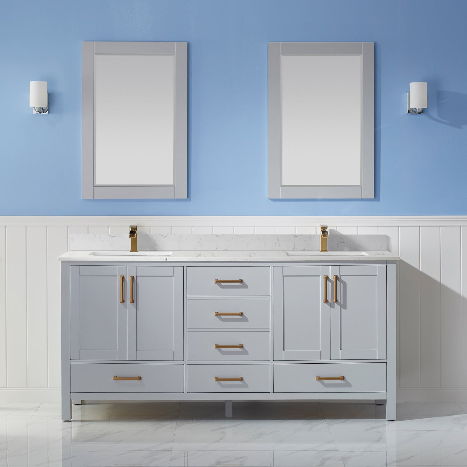 Vinnova Shannon 72" Bathroom Double Vanity Set in Grey & Composite Carrara White Stone Countertop | 785072-PG-WS