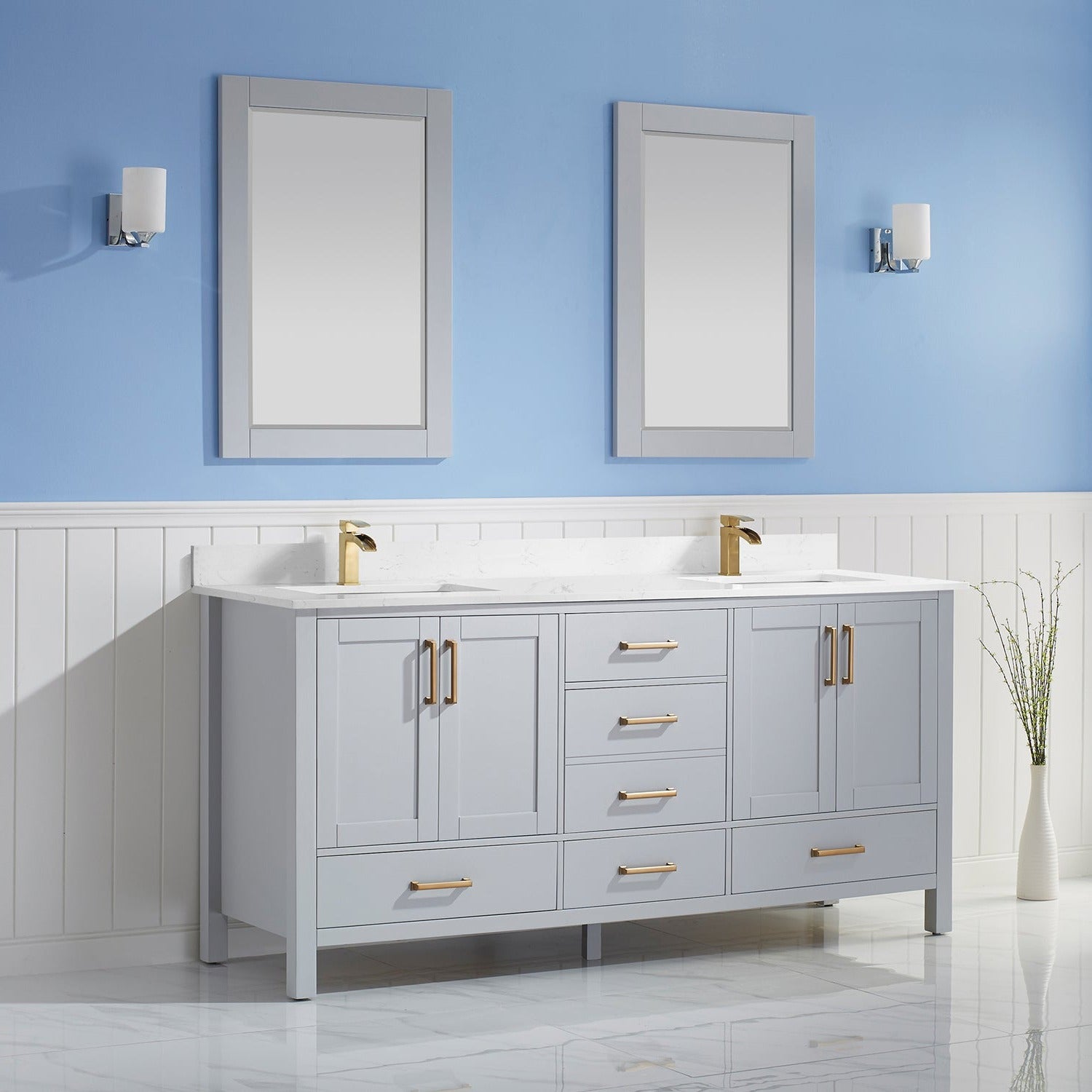 Vinnova Shannon 72" Bathroom Double Vanity Set in Grey & Composite Carrara White Stone Countertop | 785072-PG-WS