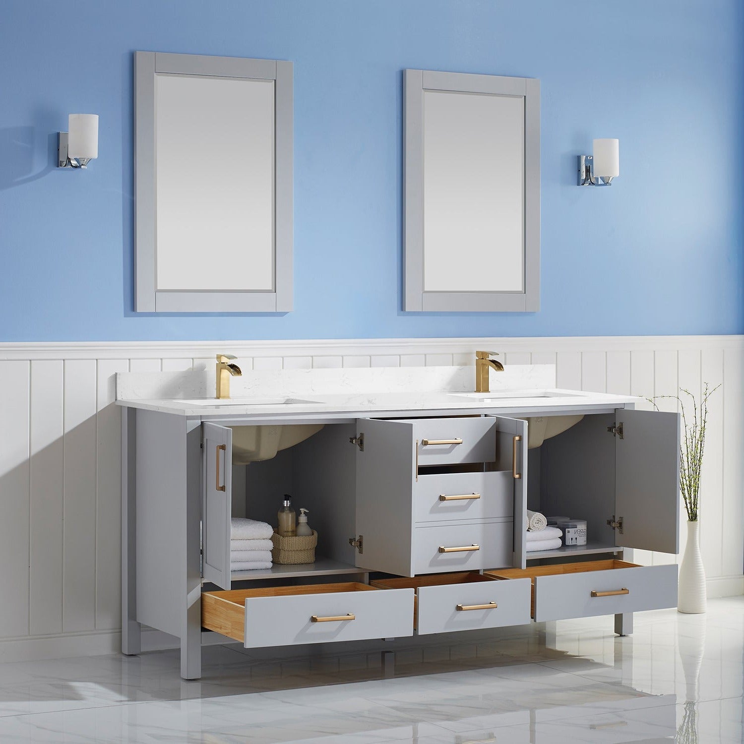 Vinnova Shannon 72" Bathroom Double Vanity Set in Grey & Composite Carrara White Stone Countertop | 785072-PG-WS