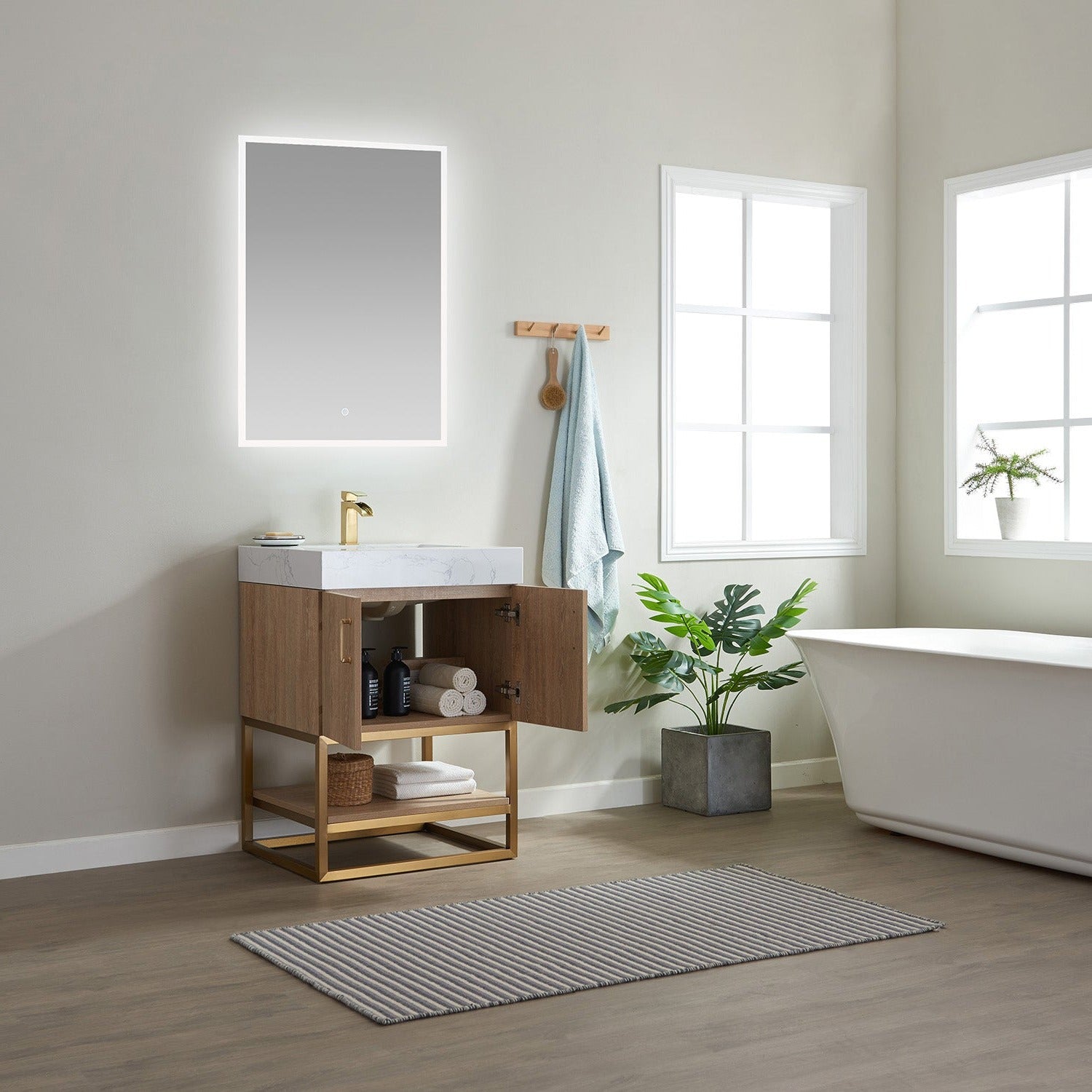 Vinnova Alistair 24" Bathroom Vanity Set in American Oak w/ White Grain Stone Countertop | 789024-NO-GW