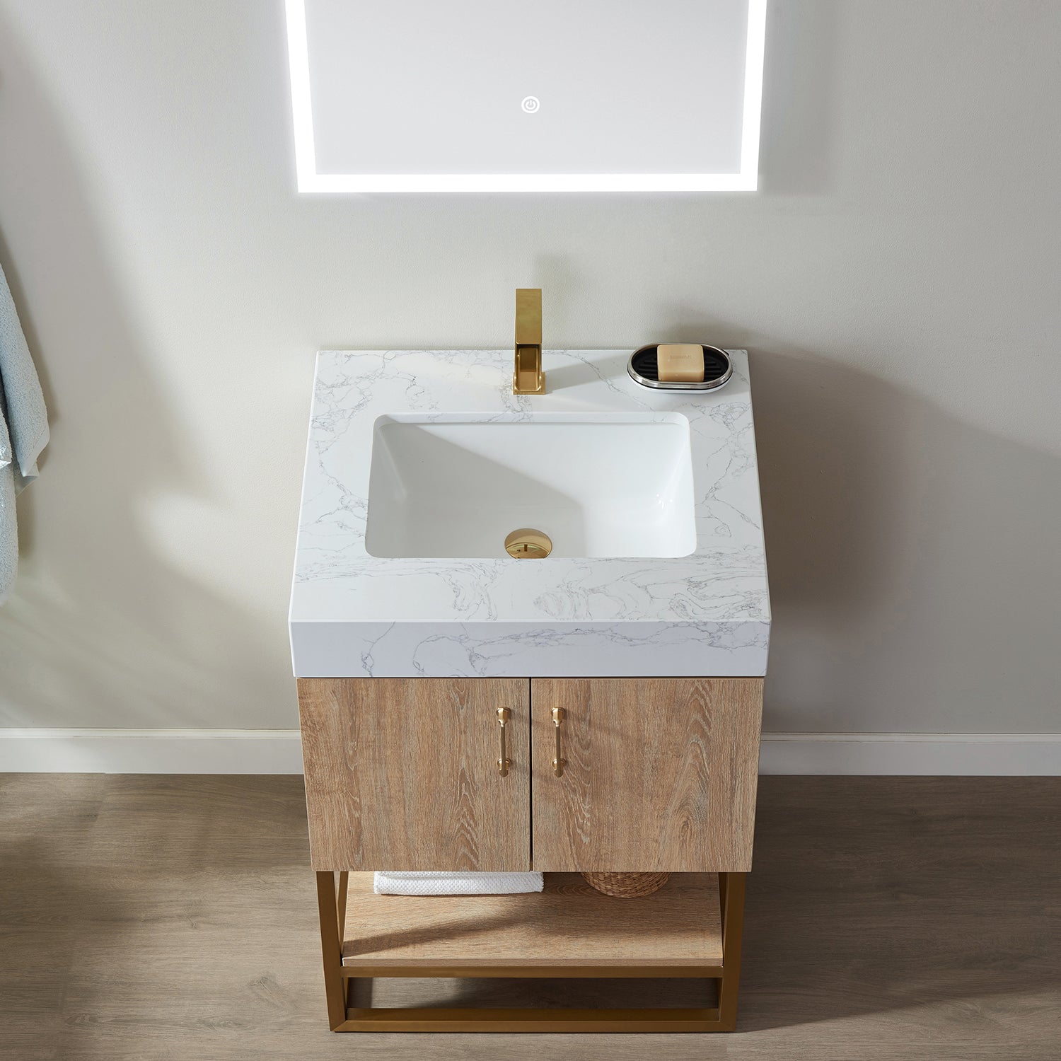 Vinnova Alistair 24" Bathroom Vanity Set in American Oak w/ White Grain Stone Countertop | 789024-NO-GW