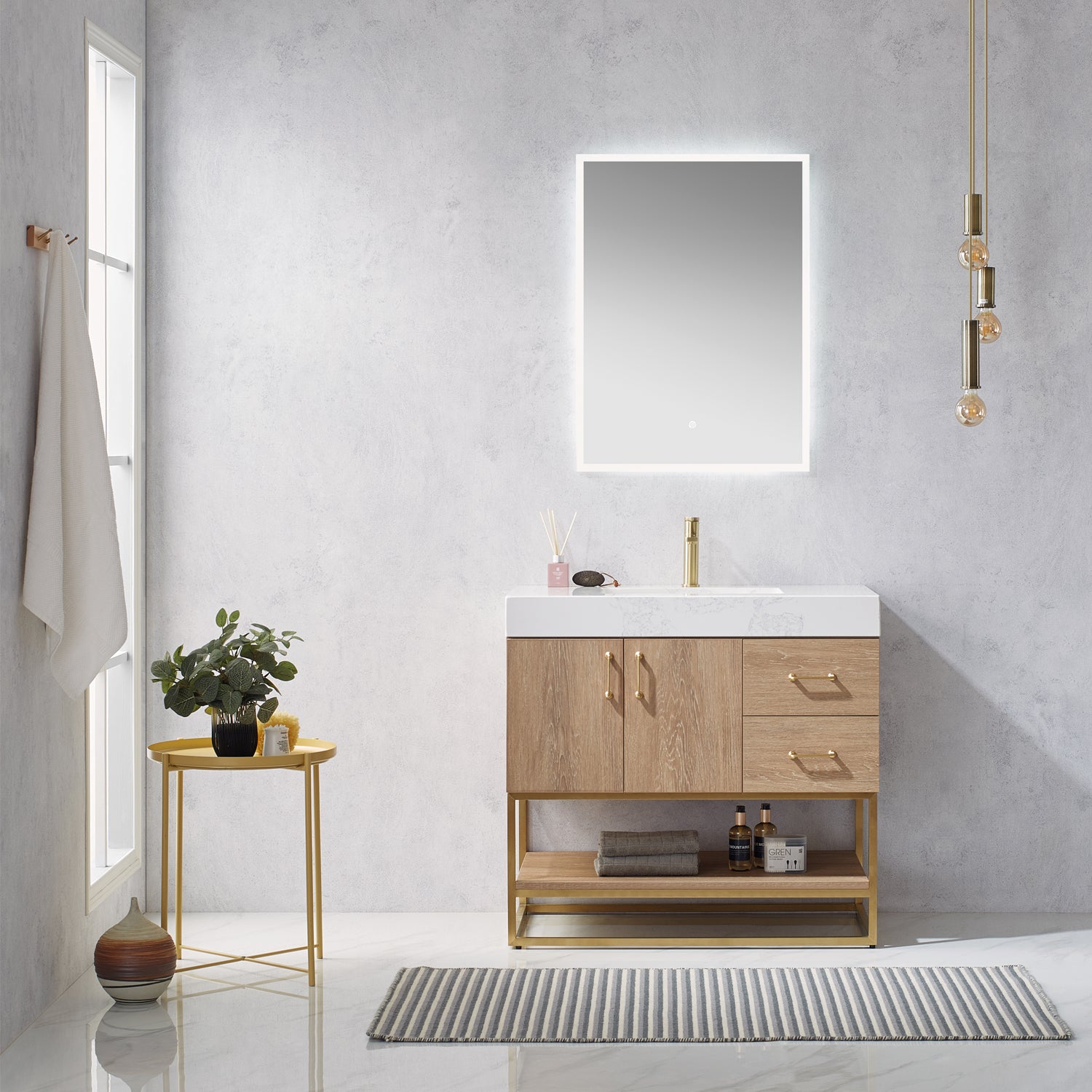 Vinnova Alistair 36" Bathroom Vanity Set in American Oak w/ White Grain Stone Countertop | 789036-NO-GW