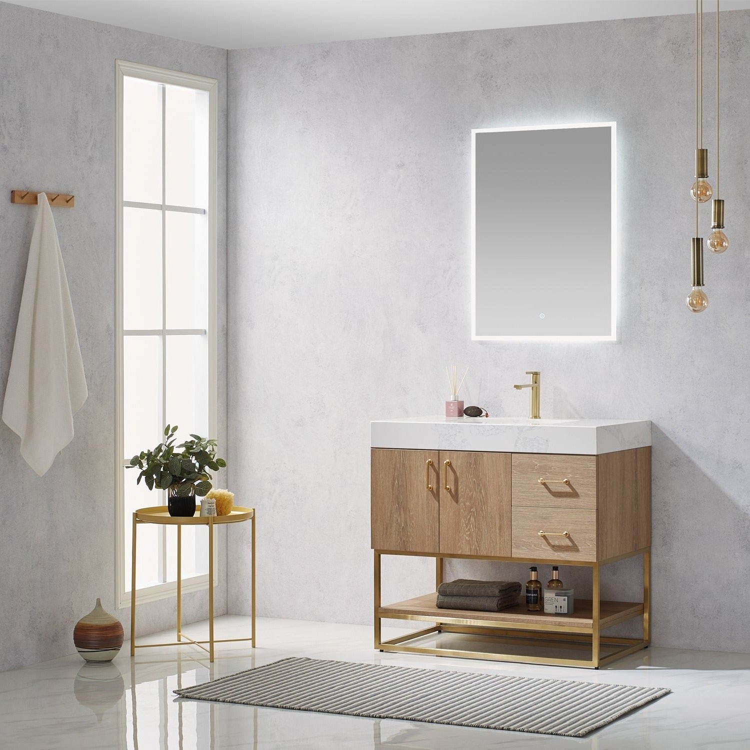 Vinnova Alistair 36" Bathroom Vanity Set in American Oak w/ White Grain Stone Countertop | 789036-NO-GW
