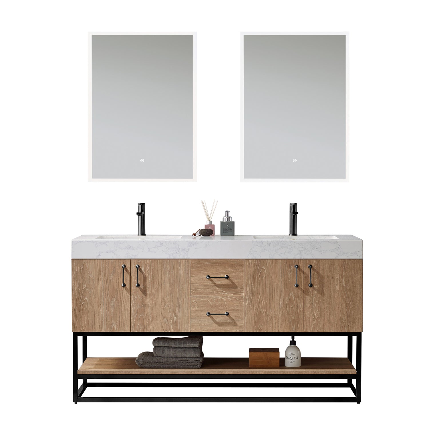 Vinnova Alistair 60" Bathroom Double Vanity Set in American Oak w/ White Grain Stone Countertop | 789060B-NO-GW