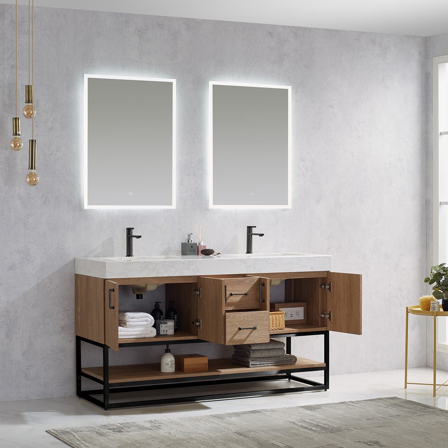 Vinnova Alistair 60" Bathroom Double Vanity Set in American Oak w/ White Grain Stone Countertop | 789060B-NO-GW