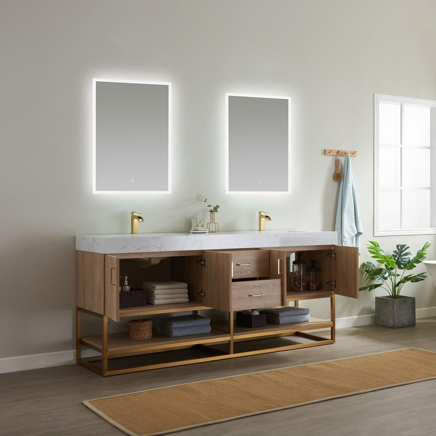 Vinnova Alistair 72" Bathroom Double Vanity Set in American Oak w/ White Grain Stone Countertop | 789072-NO-GW