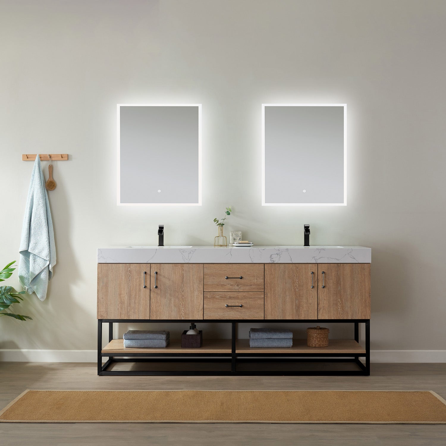 Vinnova Alistair 72" Bathroom Double Vanity Set in American Oak w/ White Grain Stone Countertop | 789072B-NO-GW