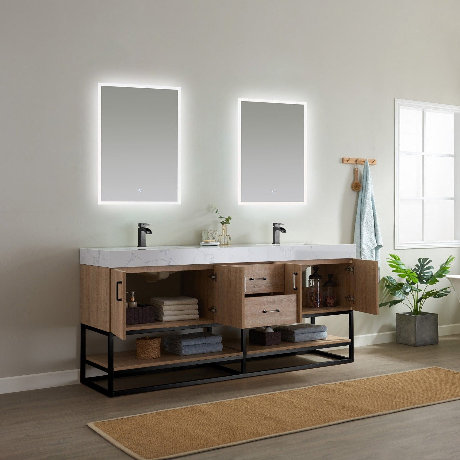 Vinnova Alistair 72" Bathroom Double Vanity Set in American Oak w/ White Grain Stone Countertop | 789072B-NO-GW
