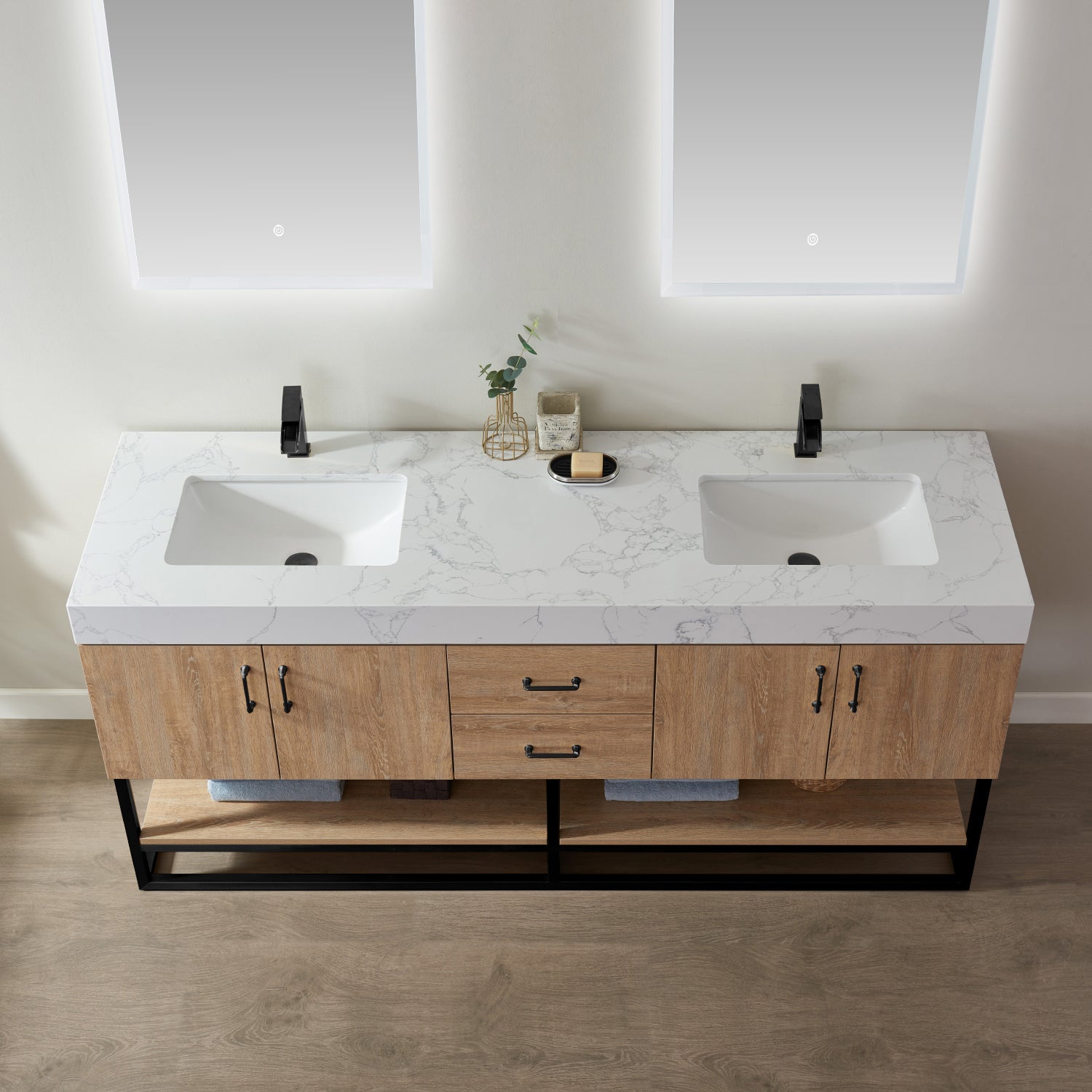 Vinnova Alistair 72" Bathroom Double Vanity Set in American Oak w/ White Grain Stone Countertop | 789072B-NO-GW